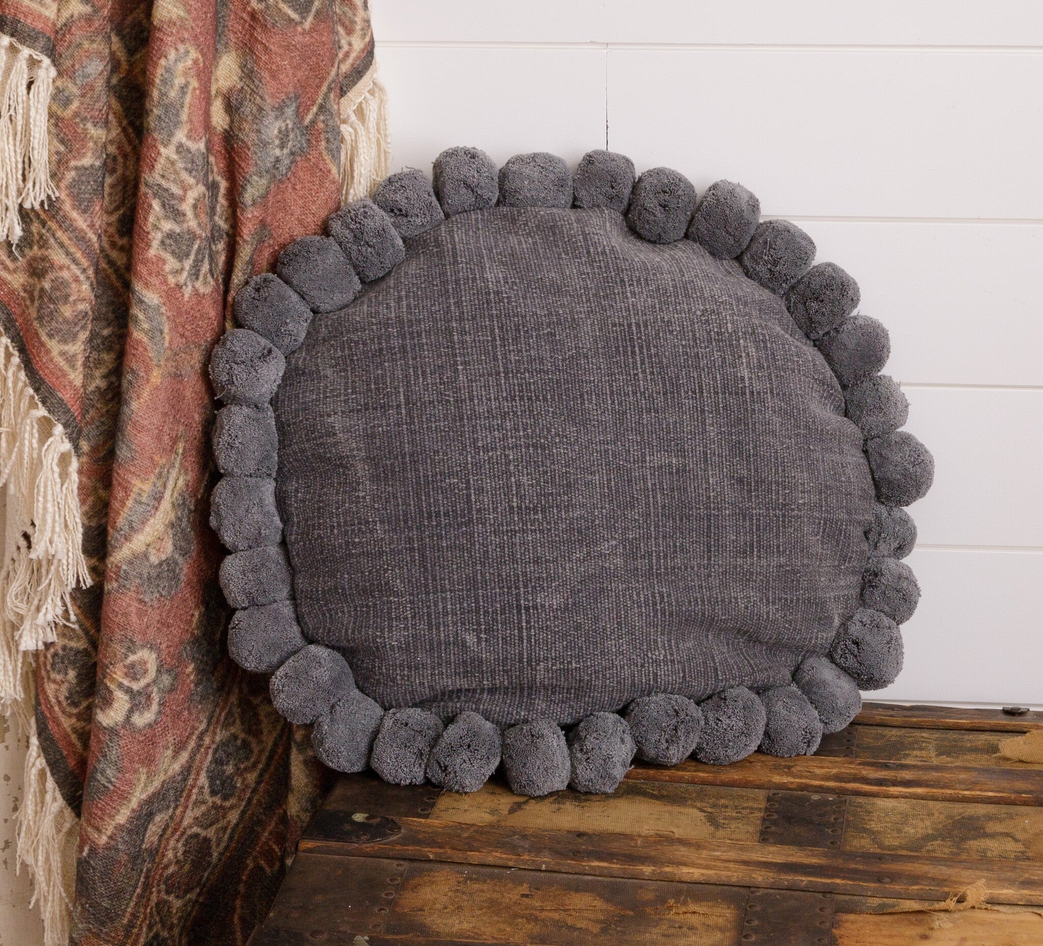 Navy Round Pom Pom Pillow