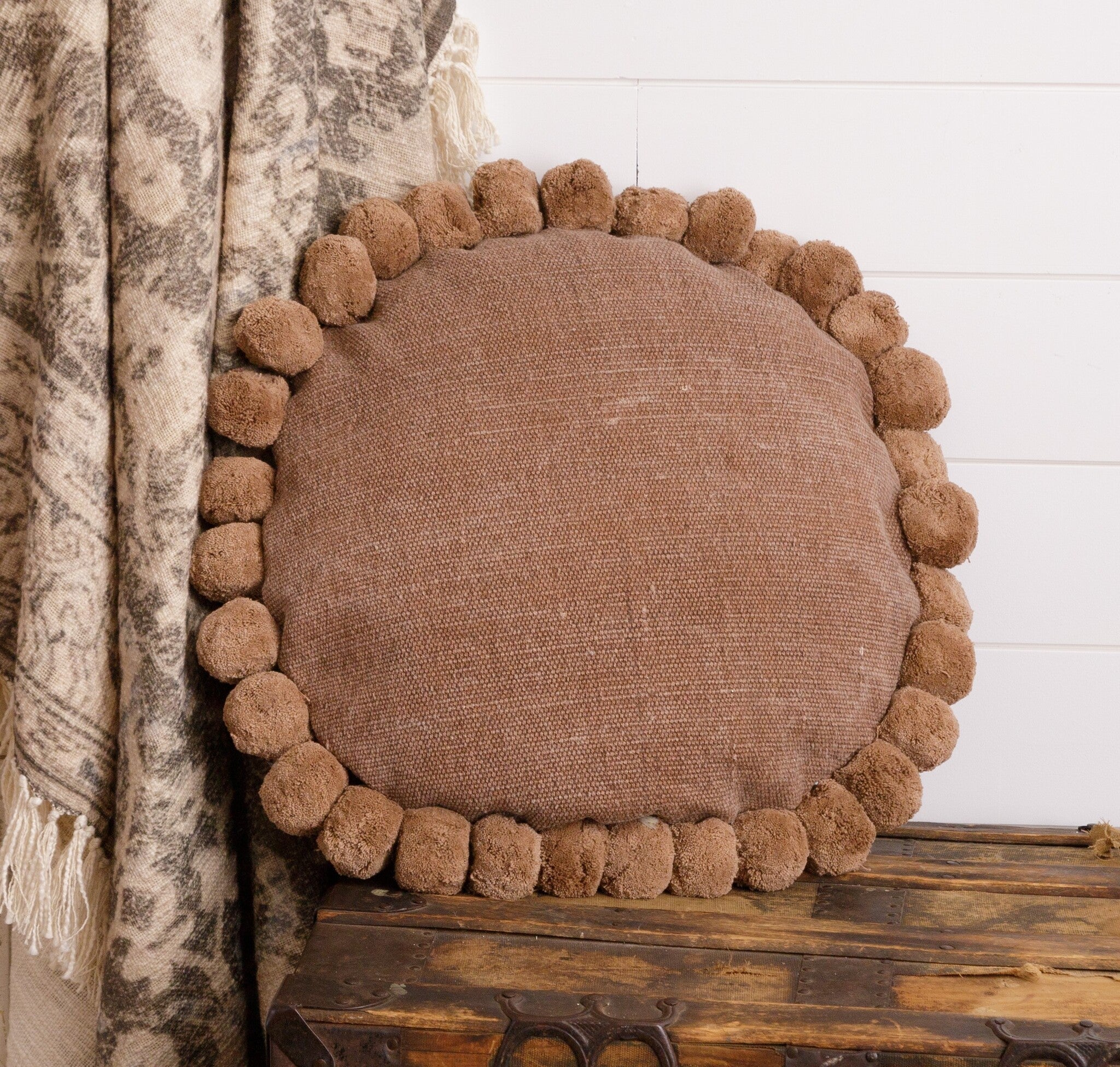 Nutmeg Round Pom Pom Pillow
