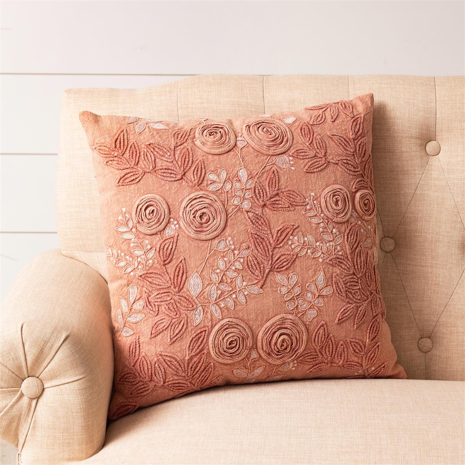 Rose Embroidered Stone Wash Embroidered Pillow