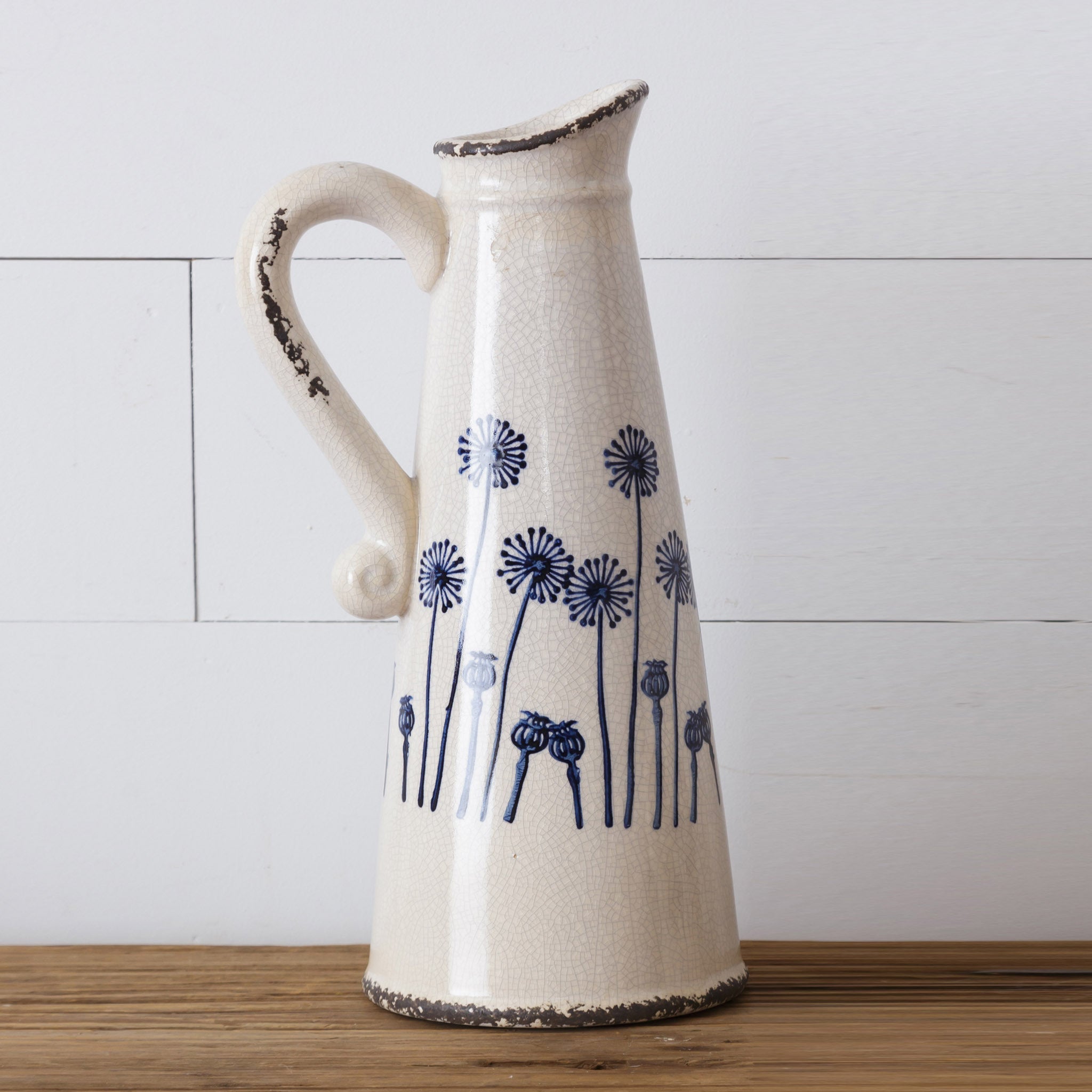 Blue Floral Pottery - Elongated Dandelion Pitcher