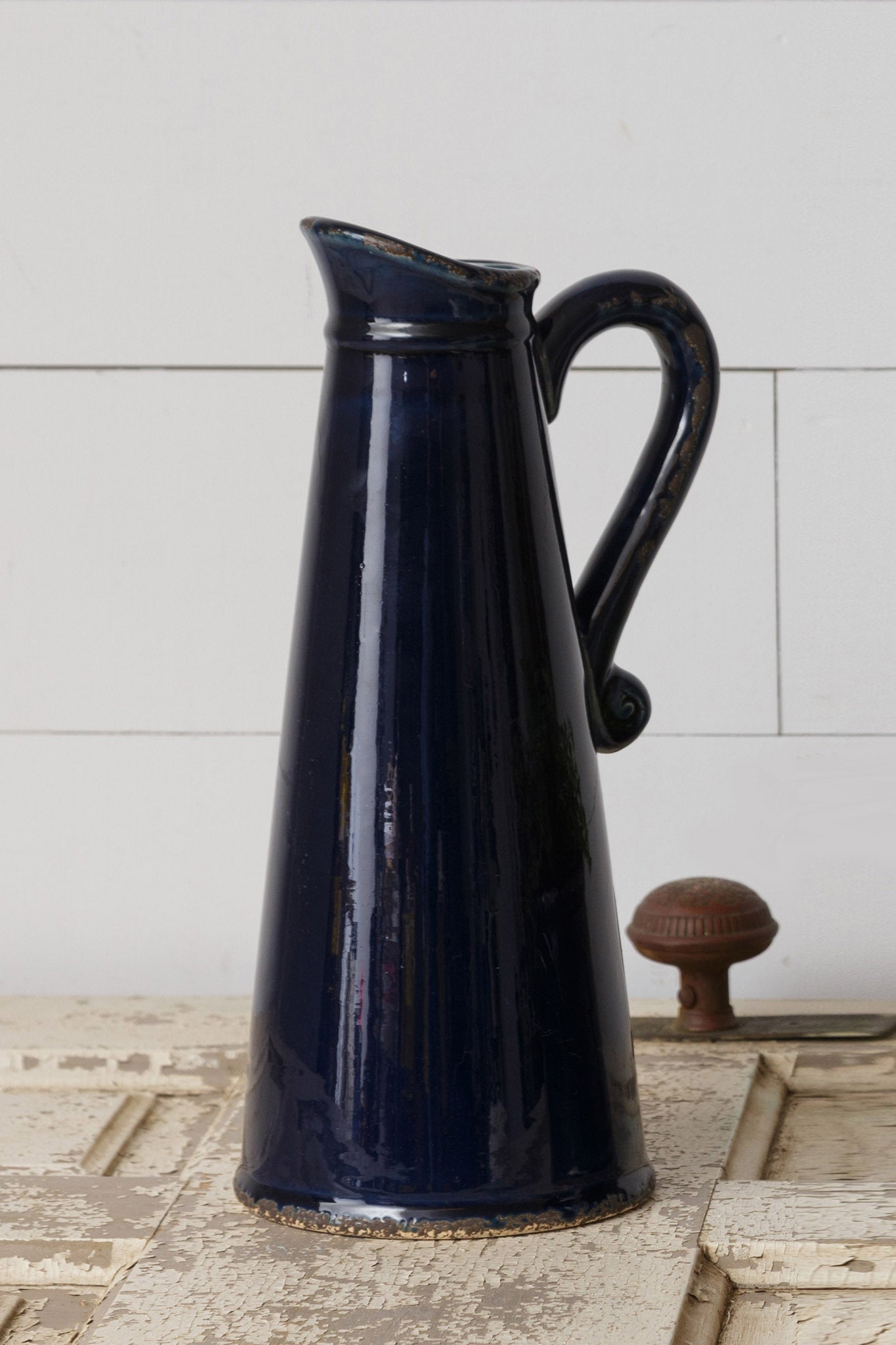 Blue Floral Pottery - Elongated Navy Pitcher