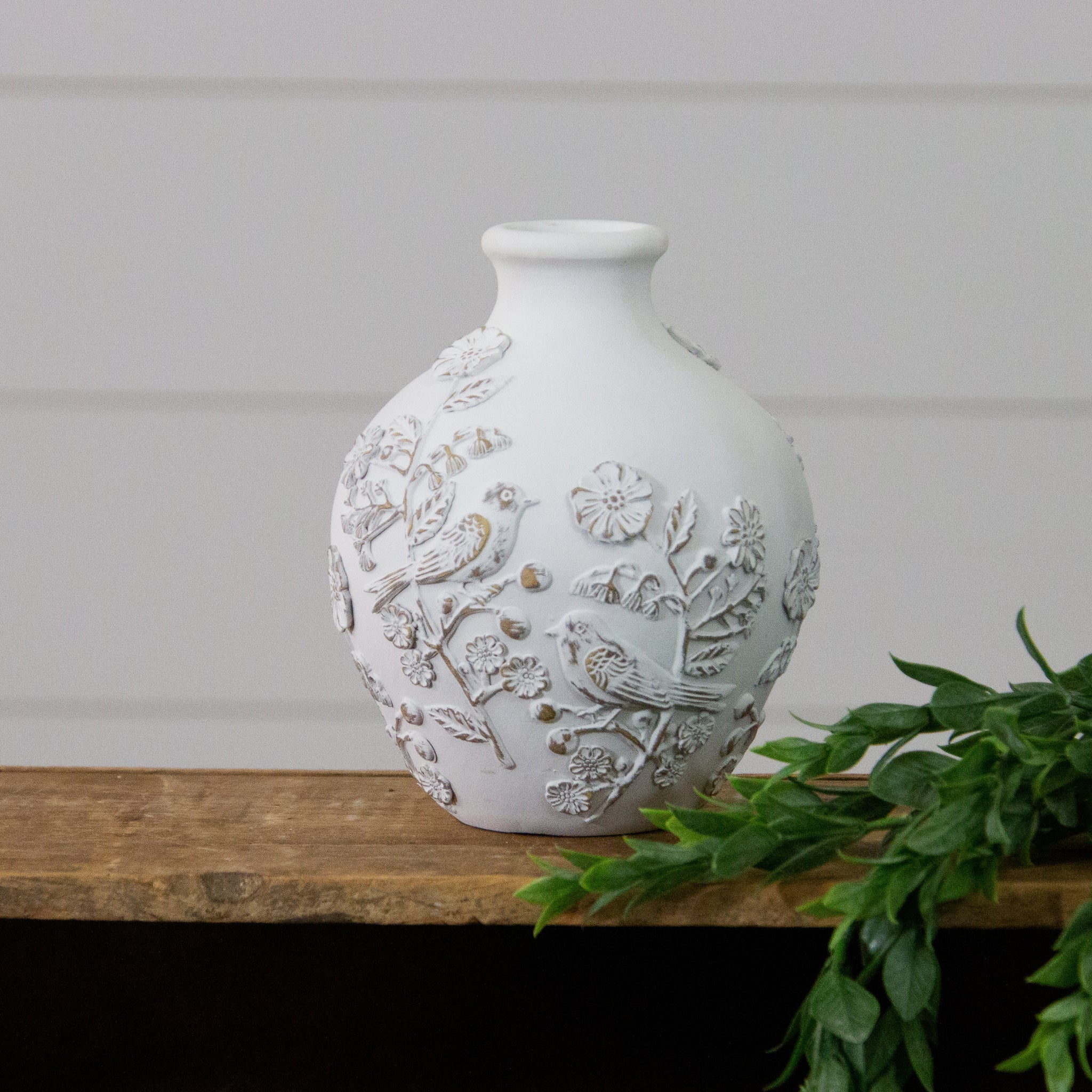 Vase With Textured Flowers and Birds