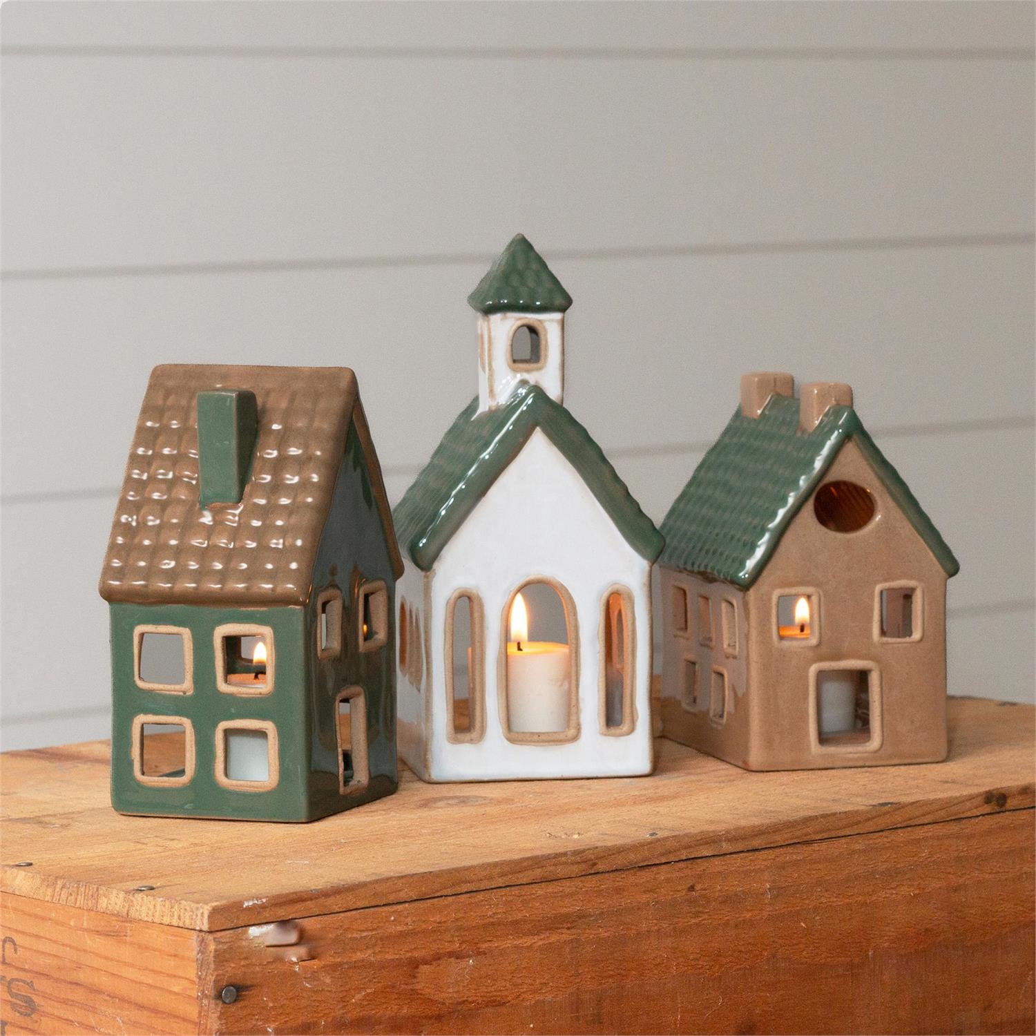 Ceramic Houses And Church, Sage, Tan, And White