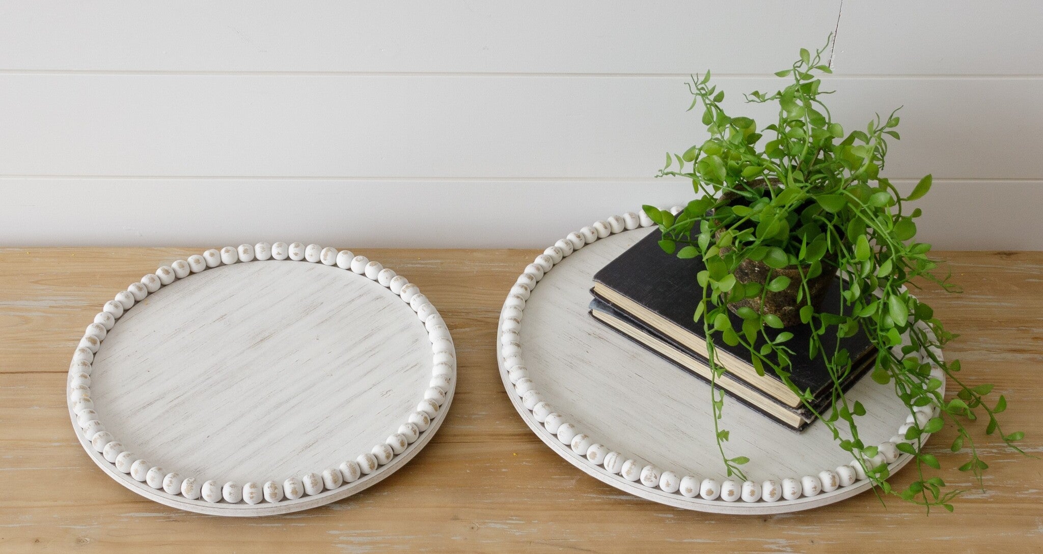 Chippy White Round Beaded Trays (S/2)