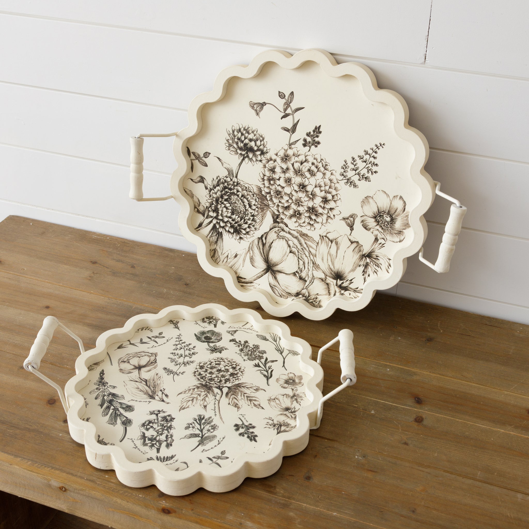 Black & White Botanical Scalloped Trays (S/2)