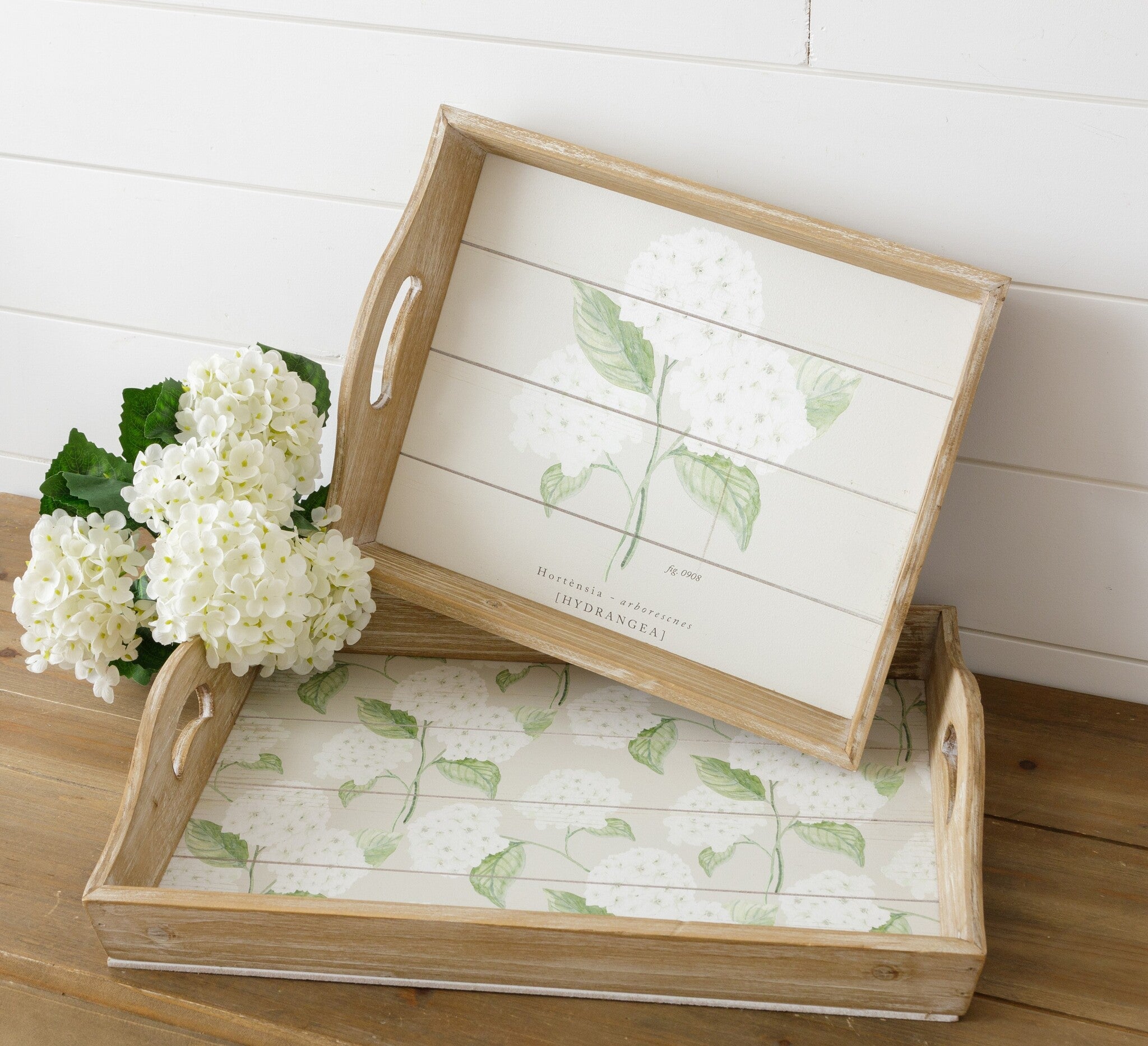 White Hydrangea Wood Trays (S/2)