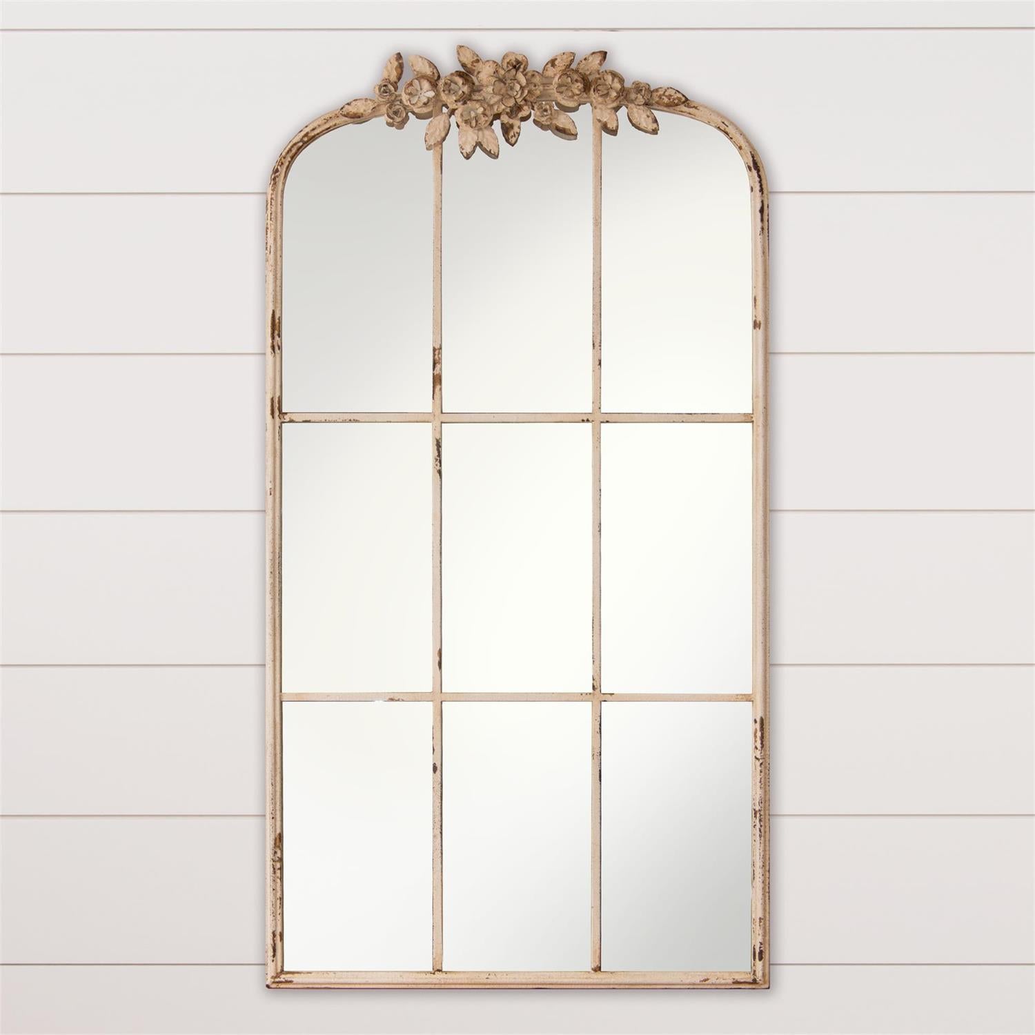 Floral Accented Arched Windowpane Mirror
