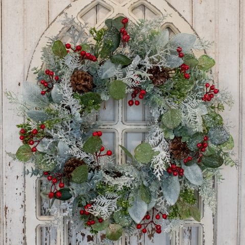24" Frosted Mixed Greens w/ Berries Wreath