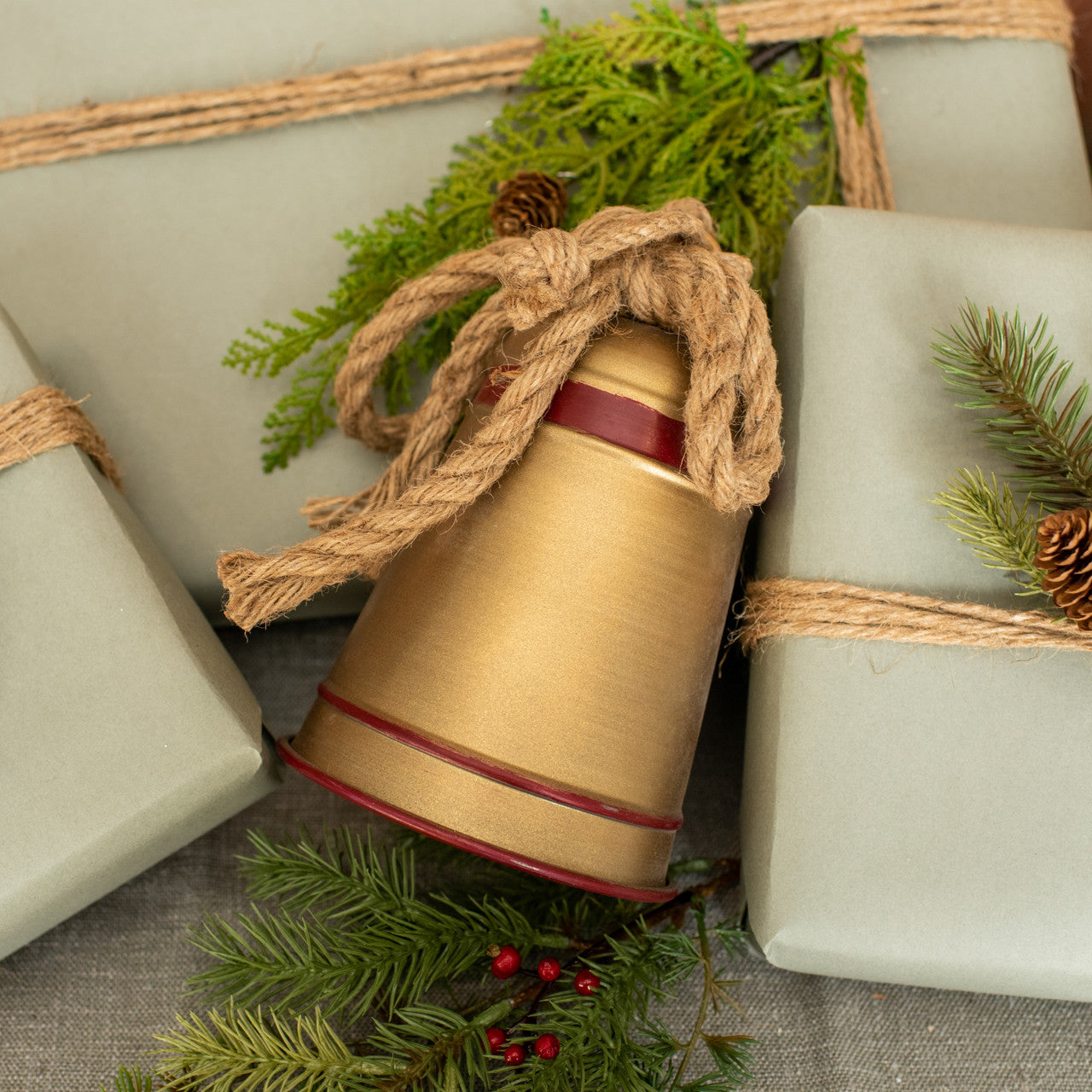 6" Holiday Gold & Red Bell w/ Rope