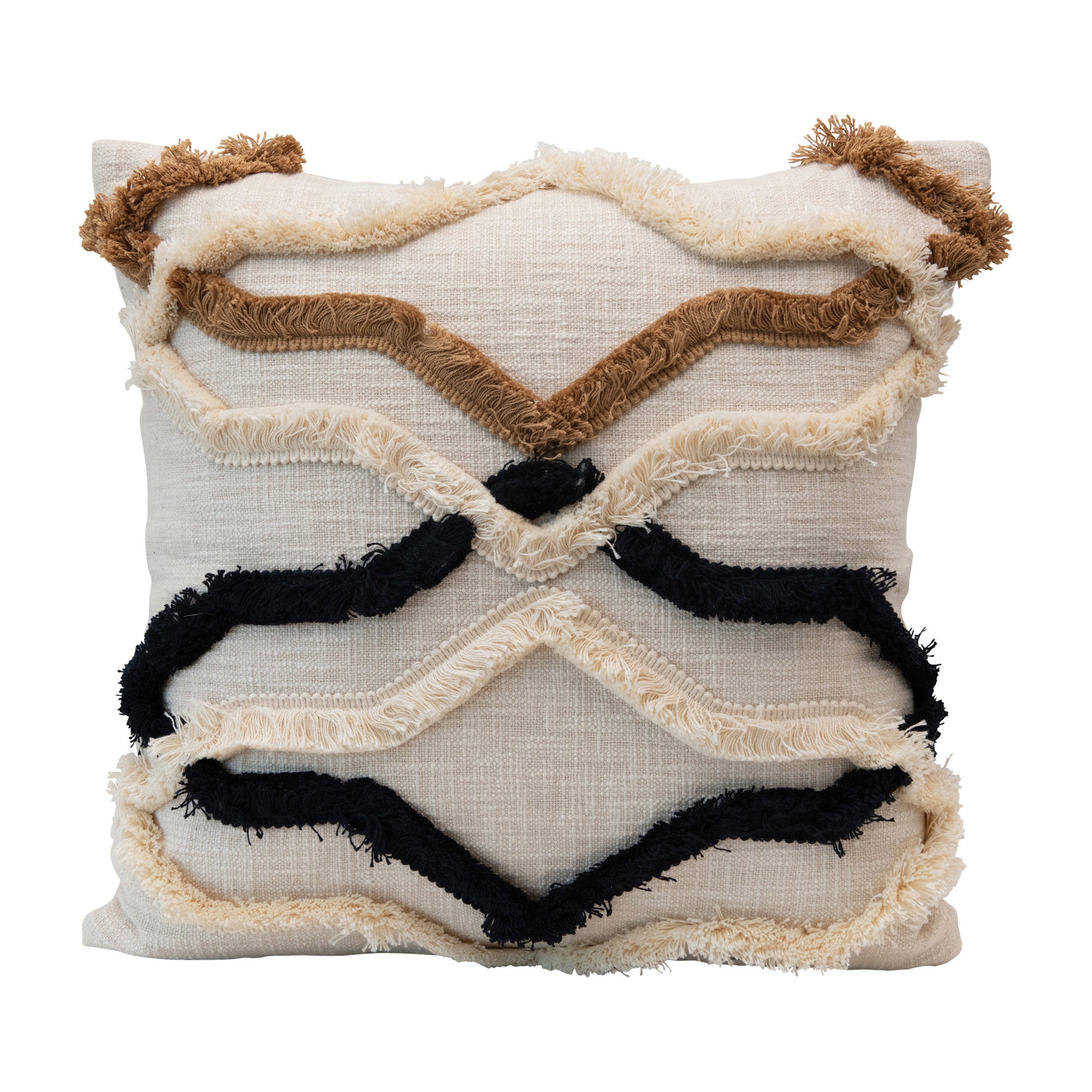 20" Square Cotton Pillow w/ Appliqued Fringe Pattern, Multi Color