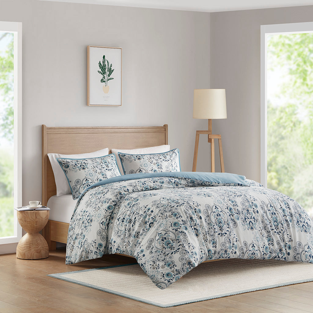 Brielle 3 Piece Floral Printed Cotton Duvet Cover Set