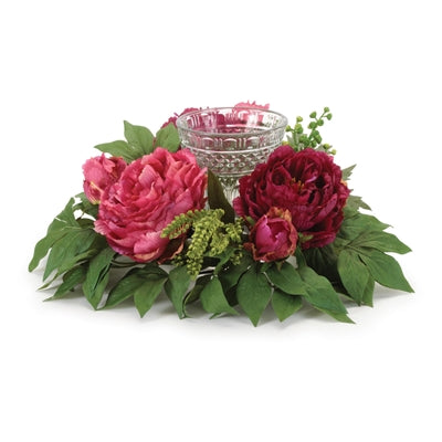 Mixed Peony Candle Holder w/Glass 15"D x 6"H Polyester/Glass