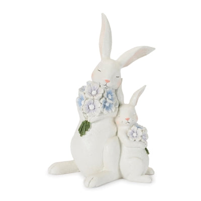Double Rabbit w/Flowers 10.25”H Resin