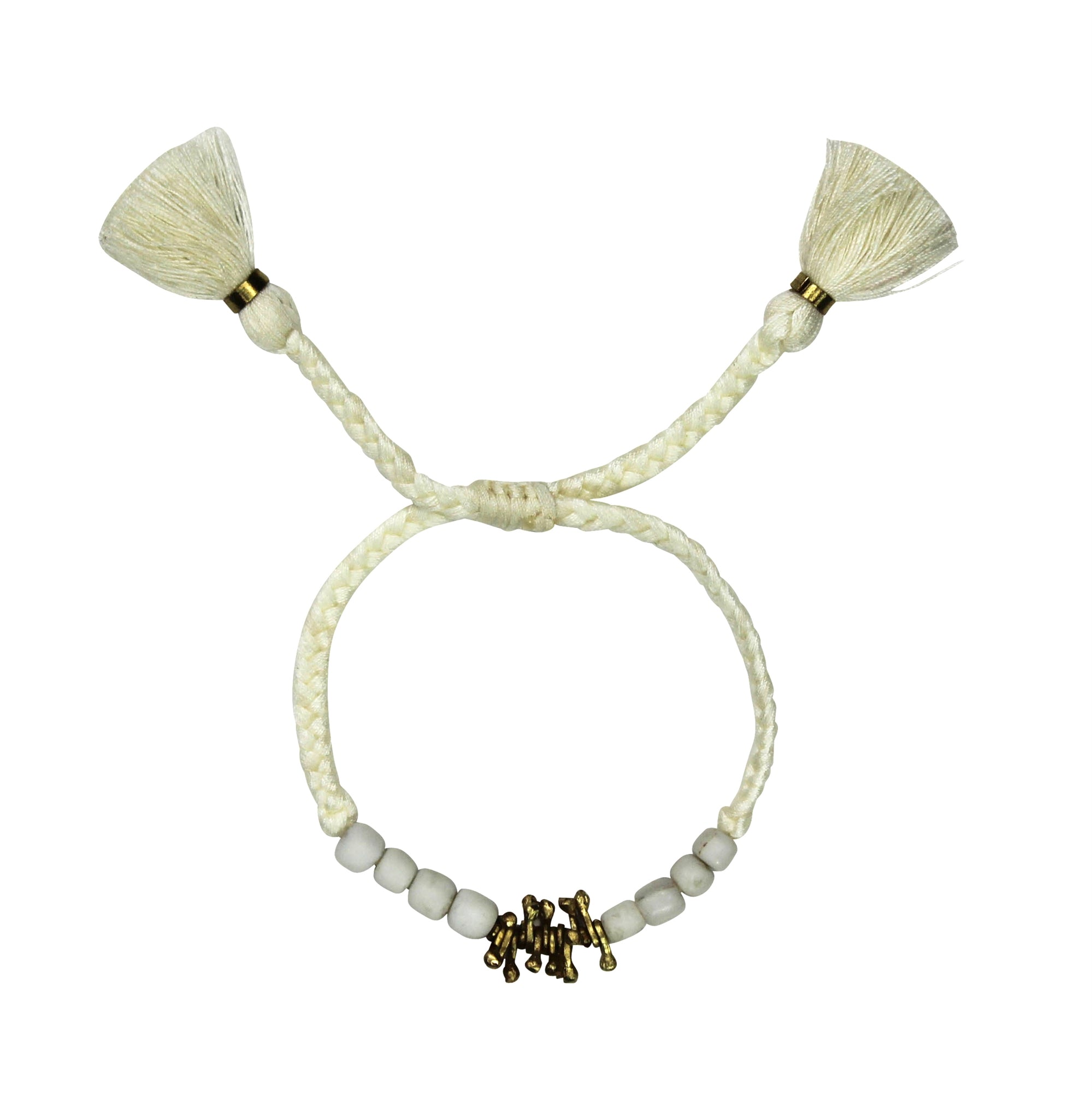 Bracelet, Brass Fringe, White Beads