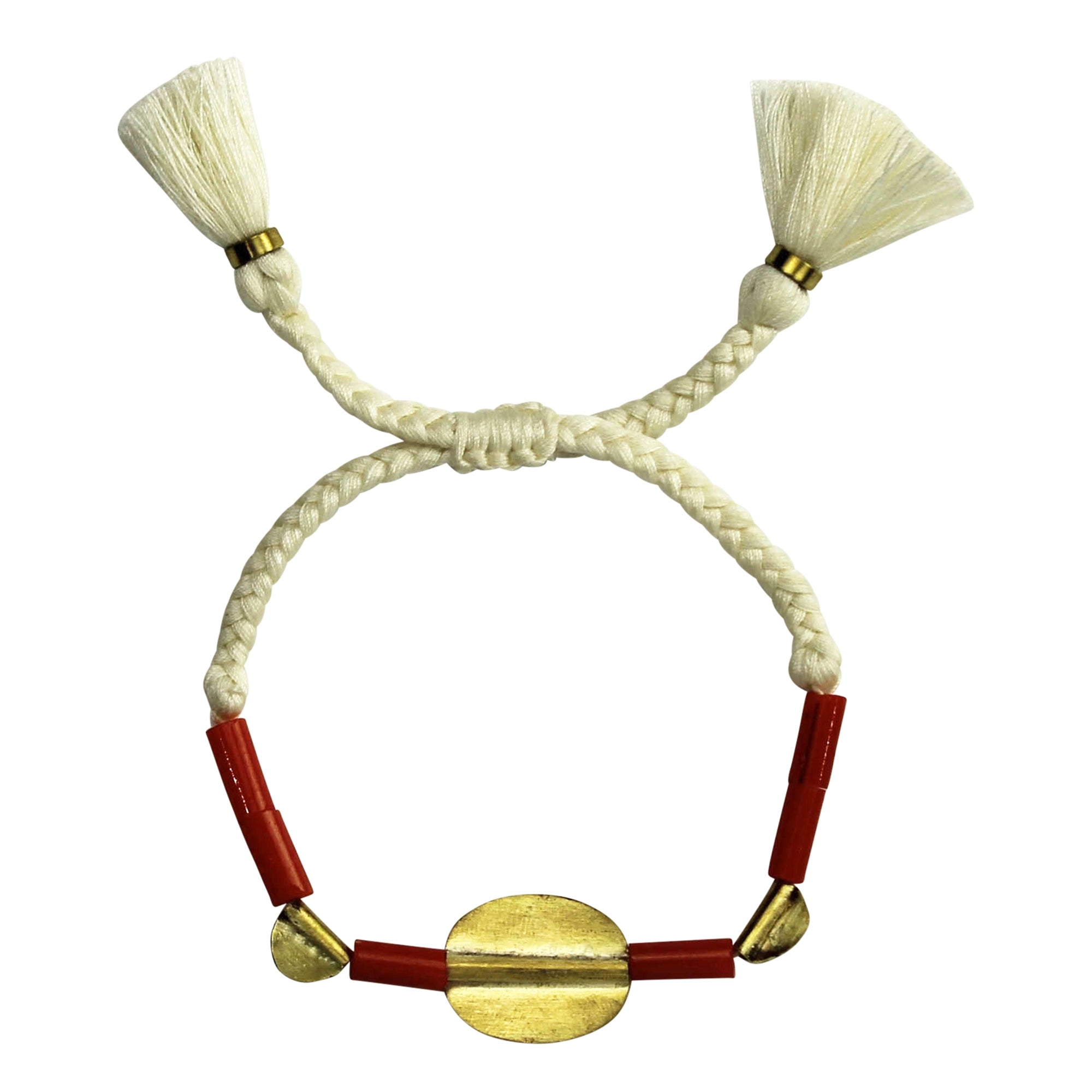 Bracelet, Brass Oval, Red Glass Bead