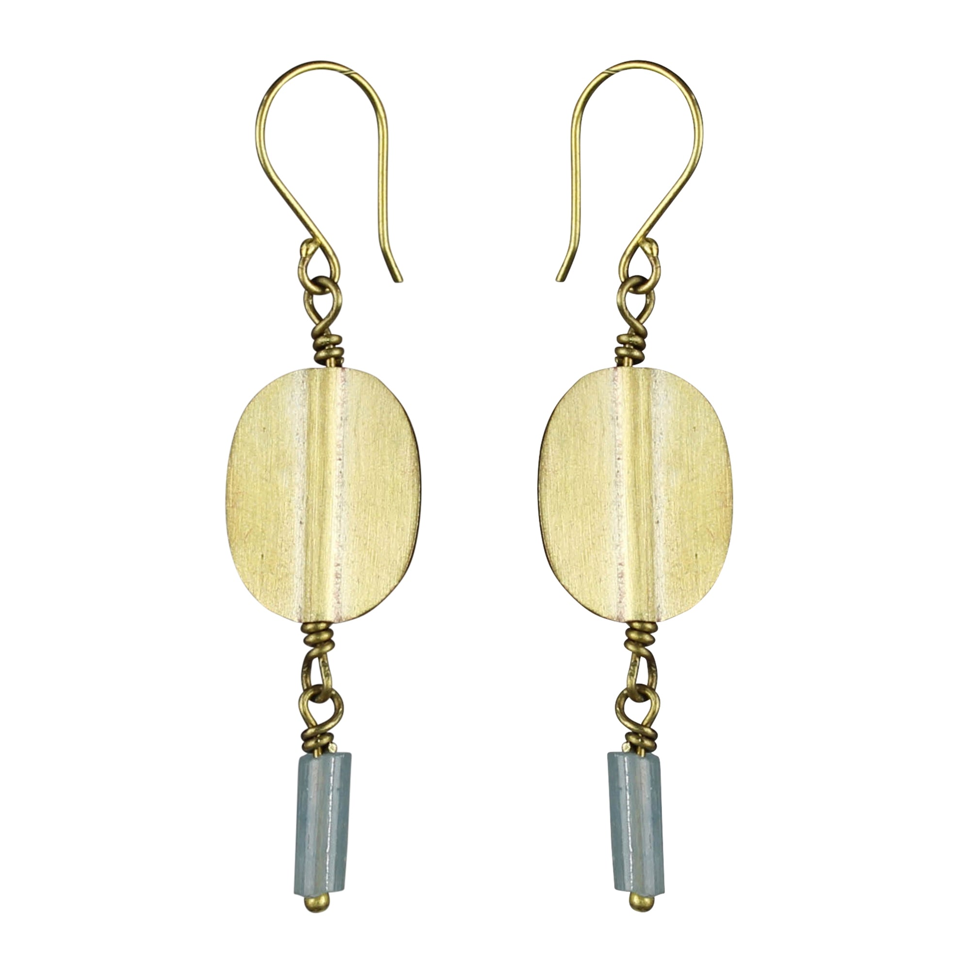 Earring, Brass Oval, Teal Glass Bead