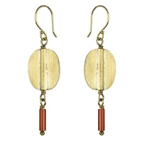 Earring, Brass Oval, Red Glass Bead