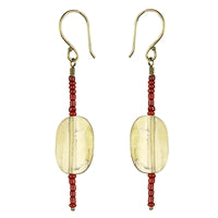 Earring, Brass Oval, Red Beaded Stem