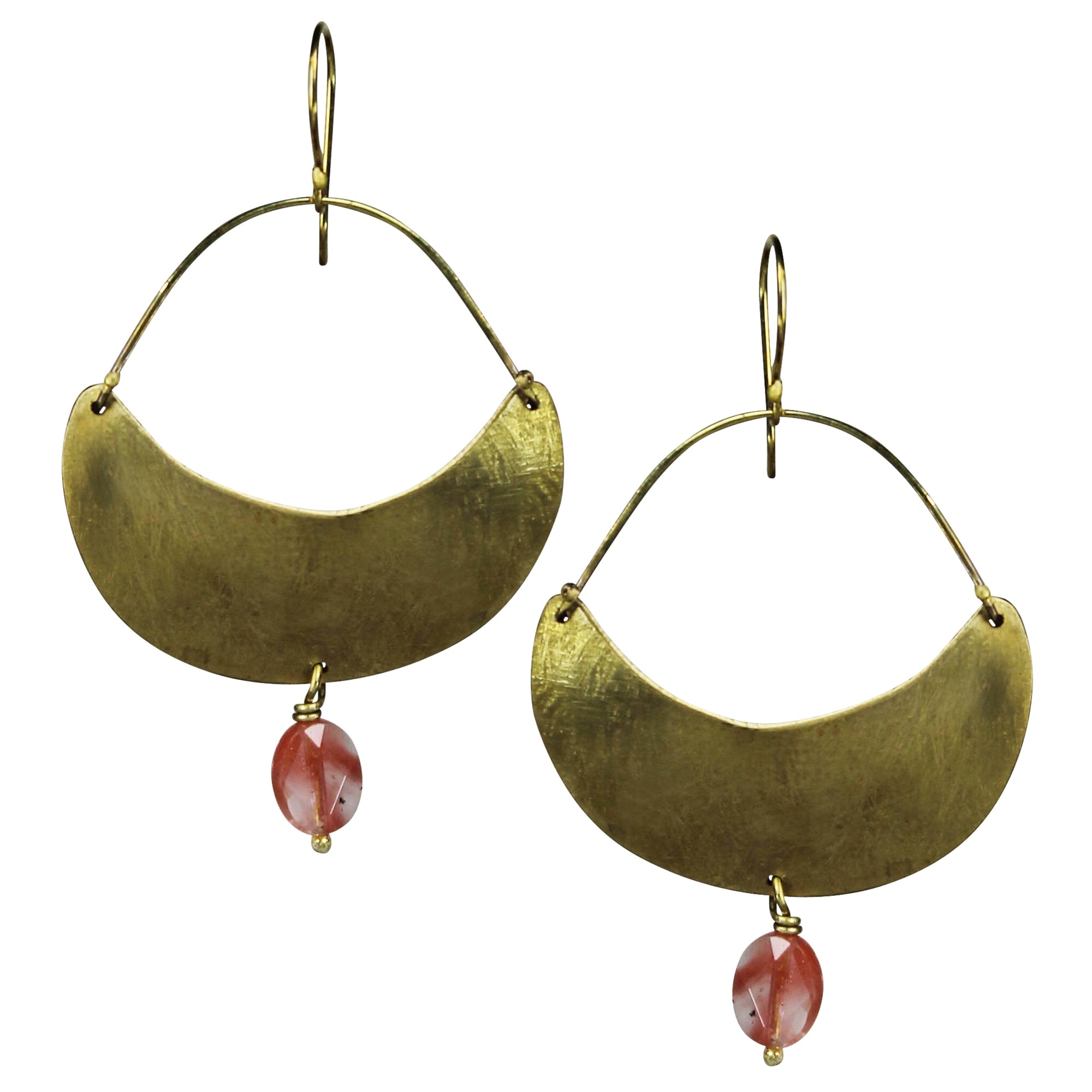 Crescent Earring, Brass, Cherry Quartz