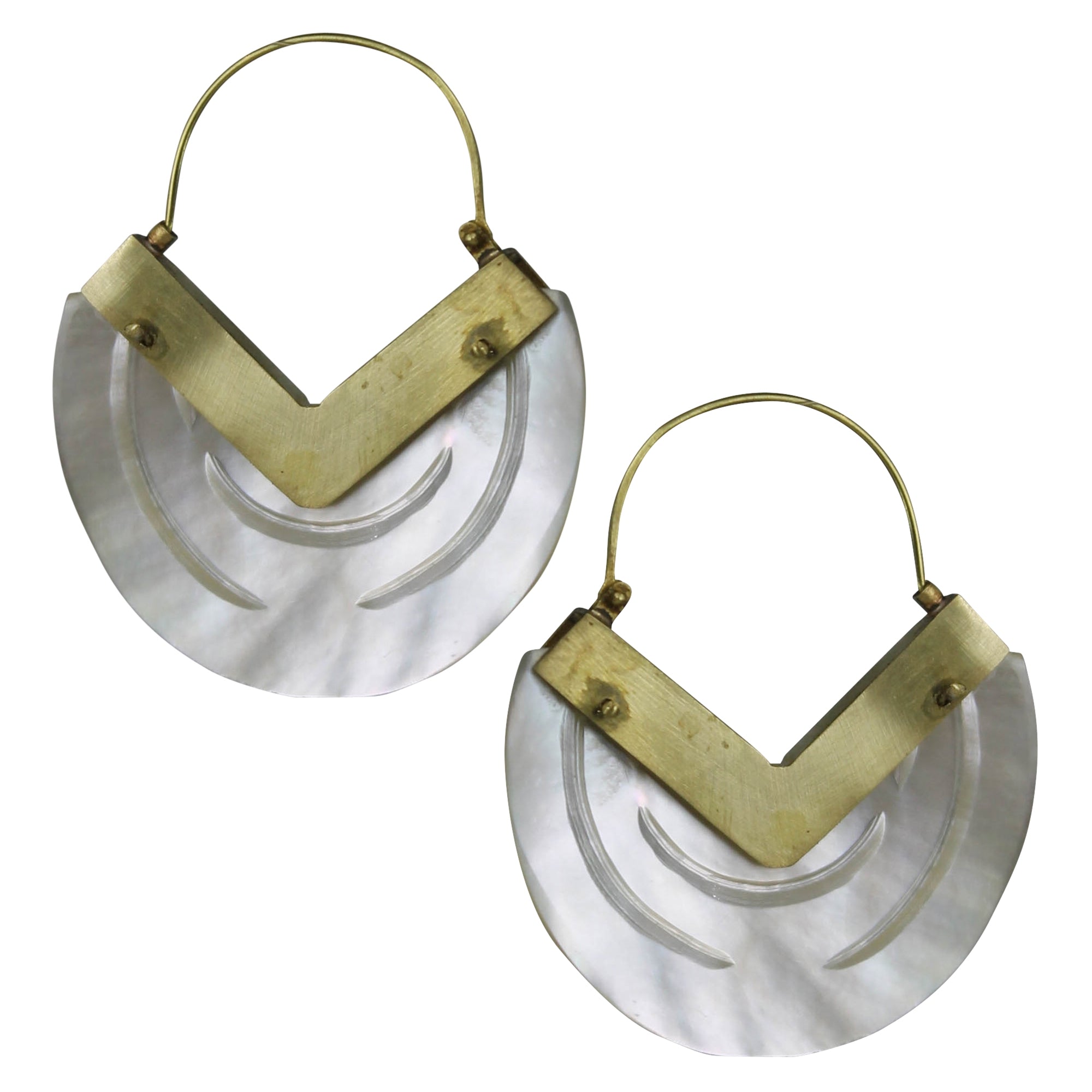 Etched V Earring, Brass, White MOP