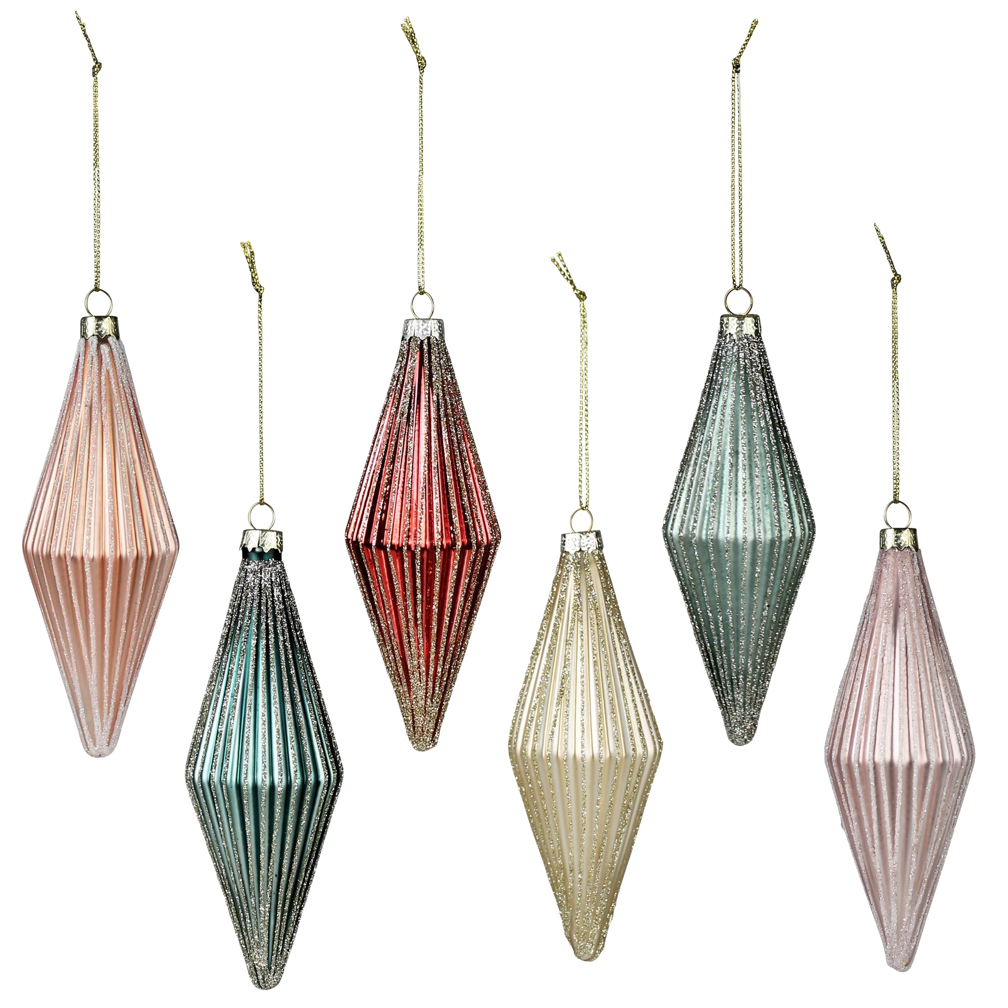 Ribbed Rhombus Ornaments, Glass, Set of 6