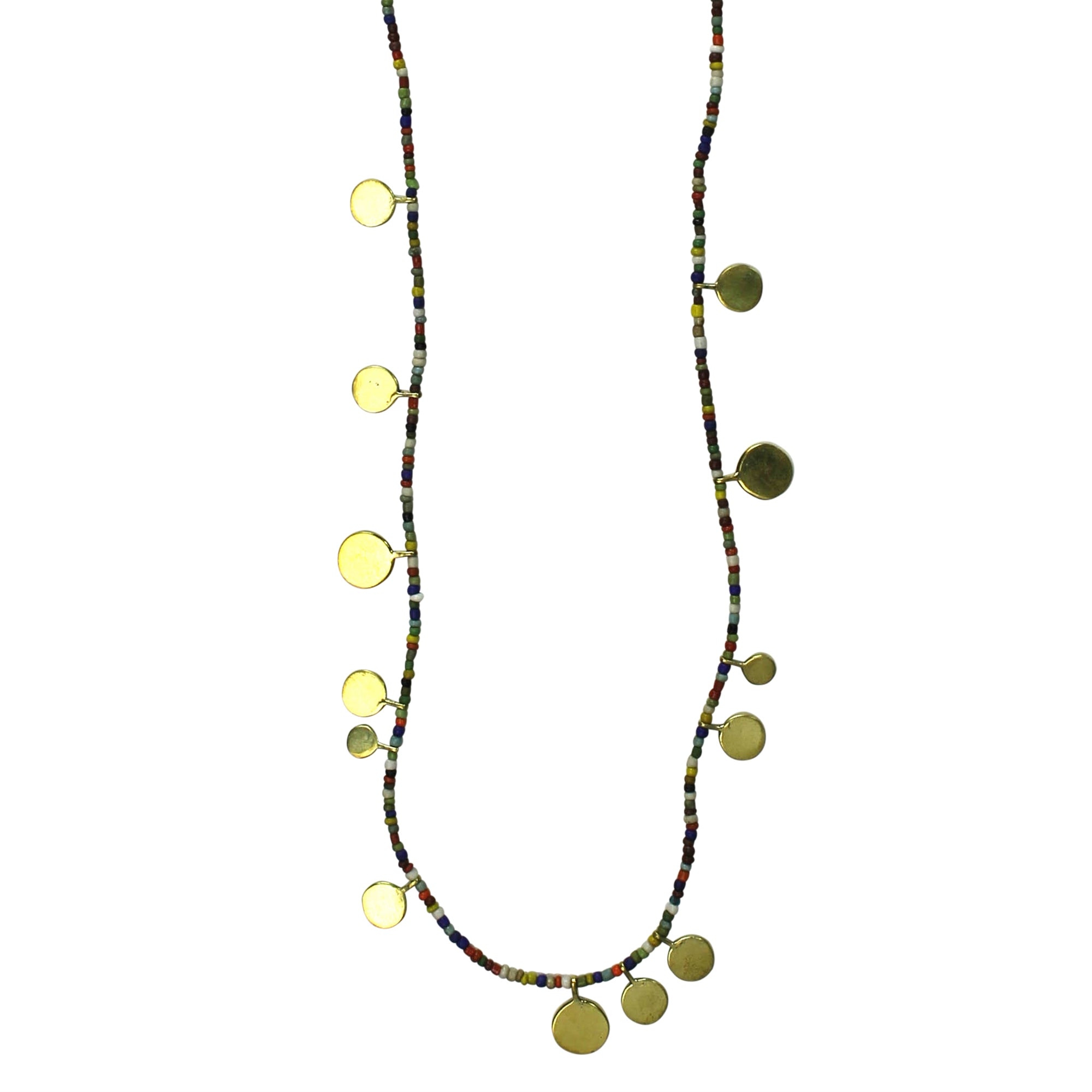 Necklace, Brass Tabs on Multi-Color Beads