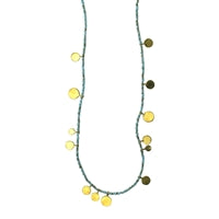 Necklace, Brass Tabs on Teal Beads