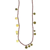 Necklace, Brass Tabs on Red Beads