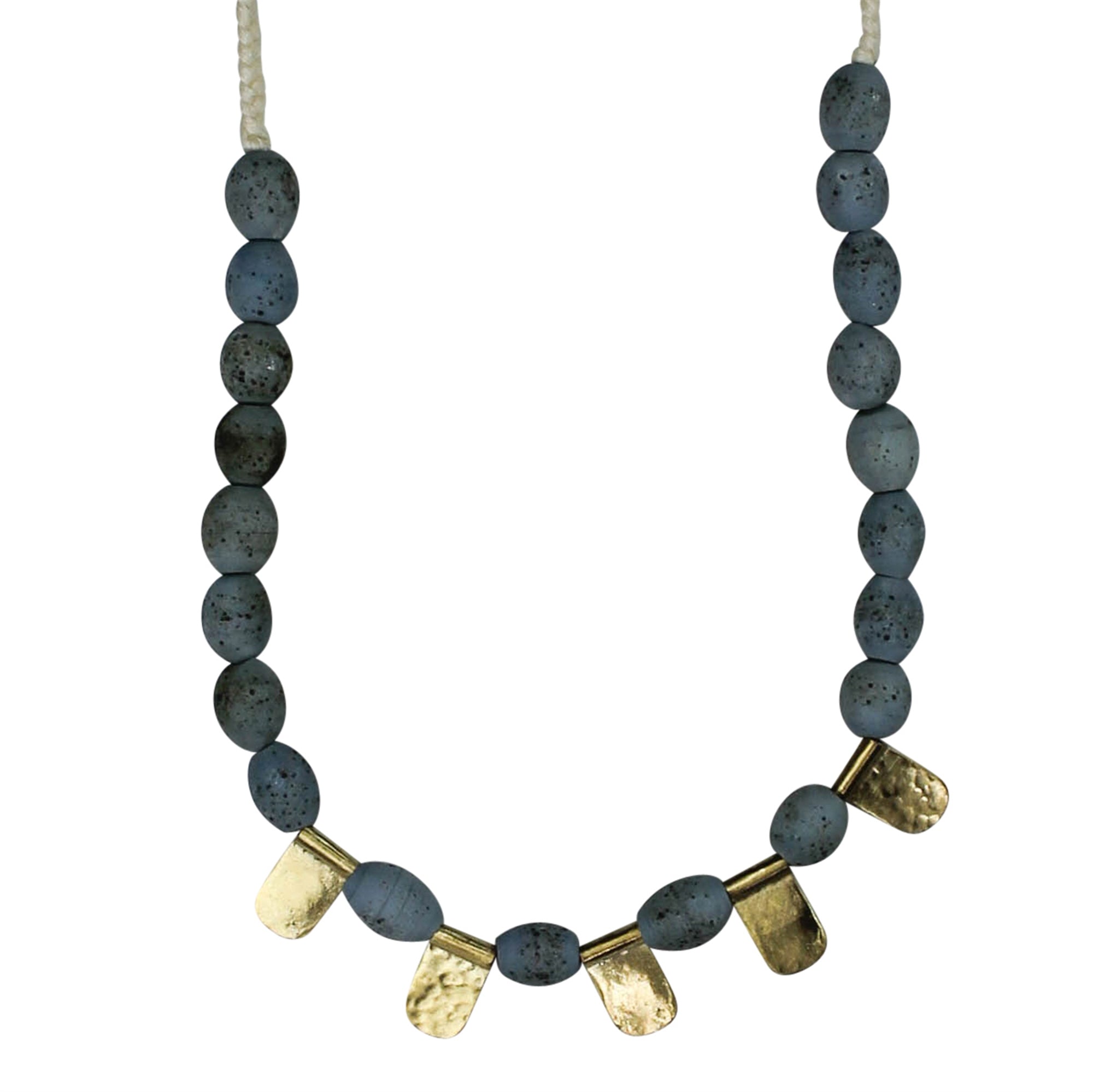 Necklace, Brass Tabs, Blue Beads