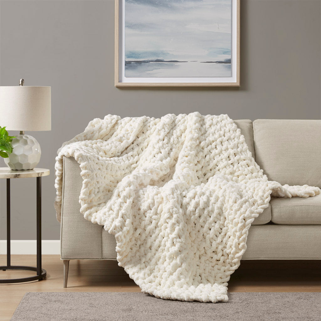 Chenille Chunky Knit 100% Cotton Tufted Chenille Lightweight Throw With Fringe Tassel 50" x 60"