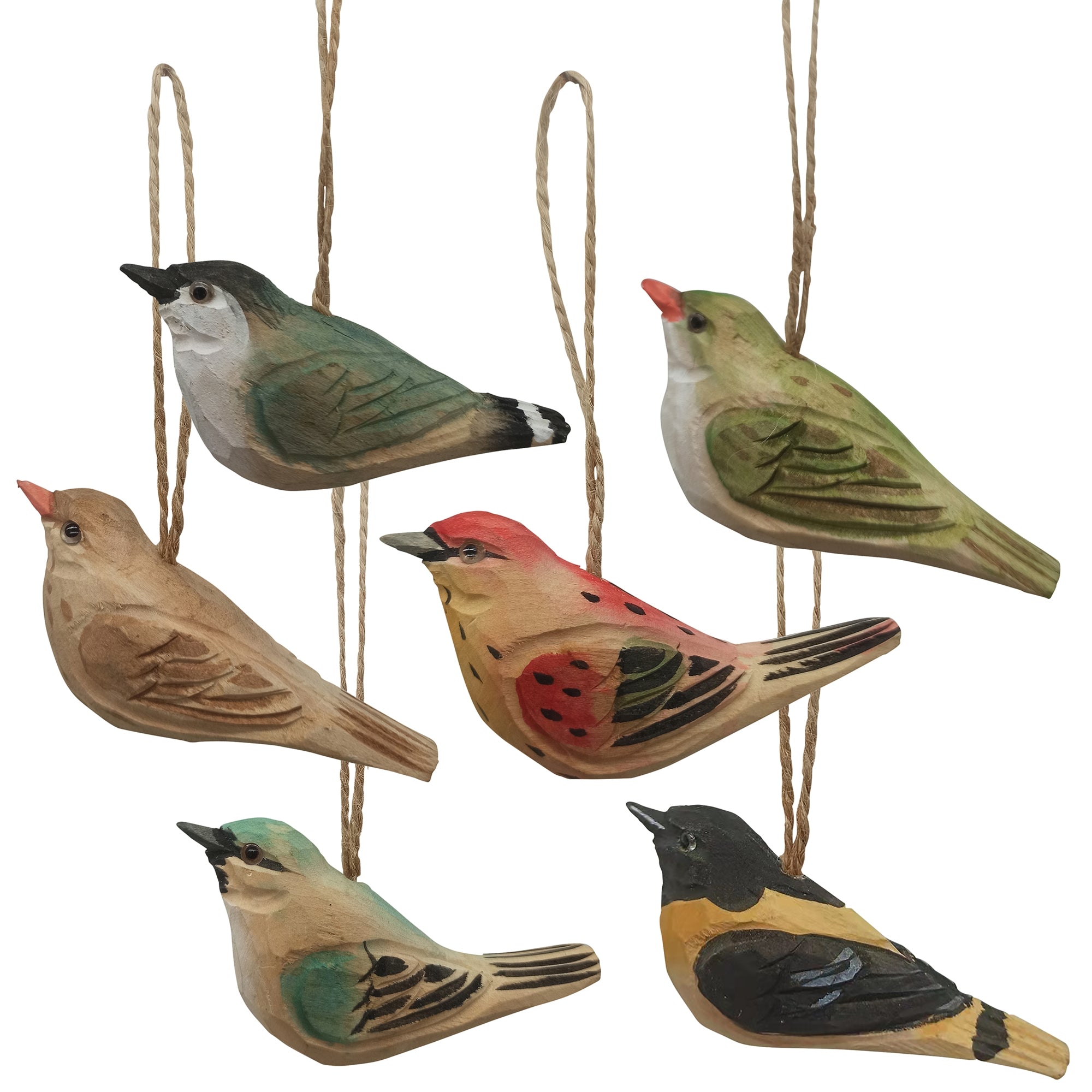 Carved Wood Birds - Set of 6