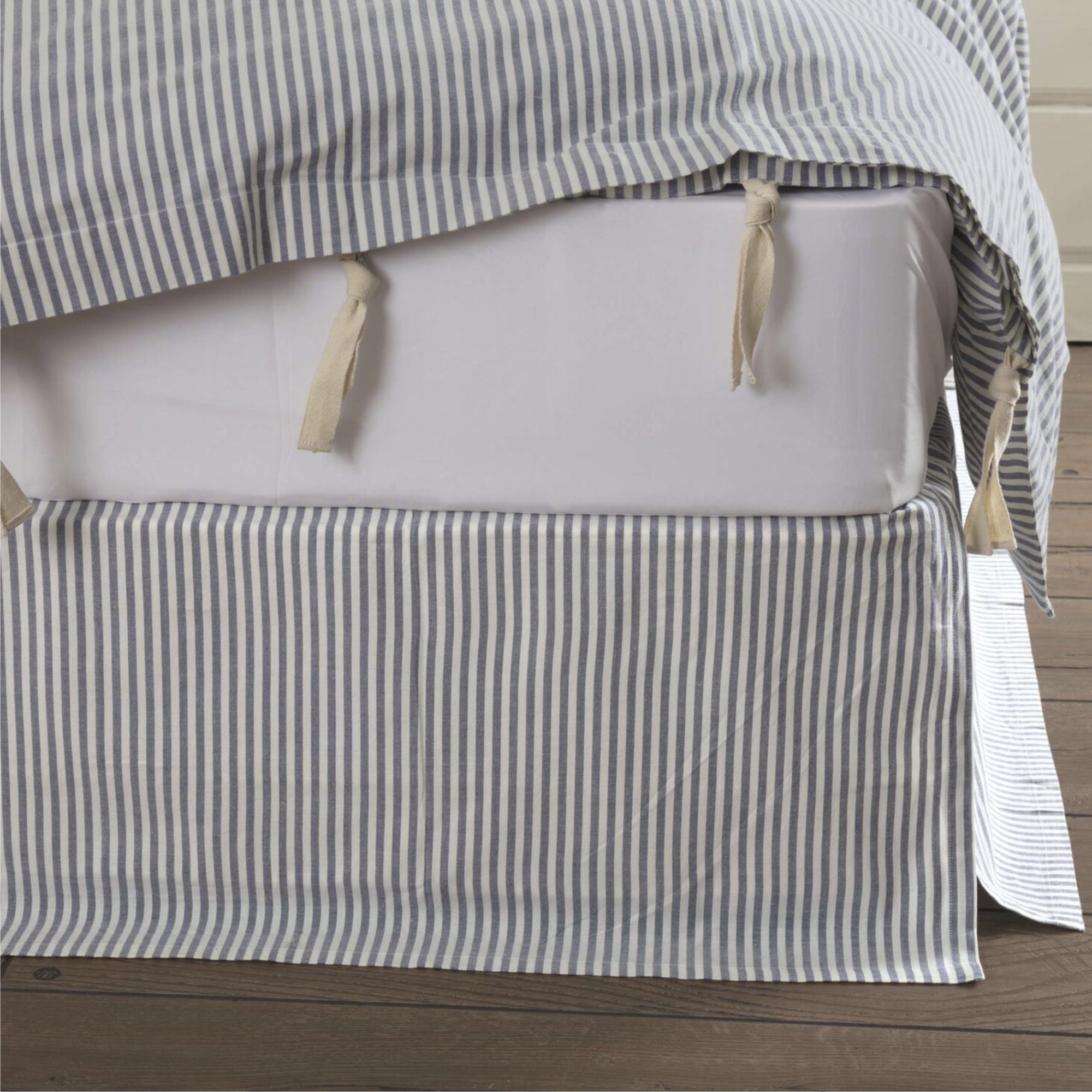 Farmhouse Ticking Blue Queen Bed Skirt 80Lx60Wx16