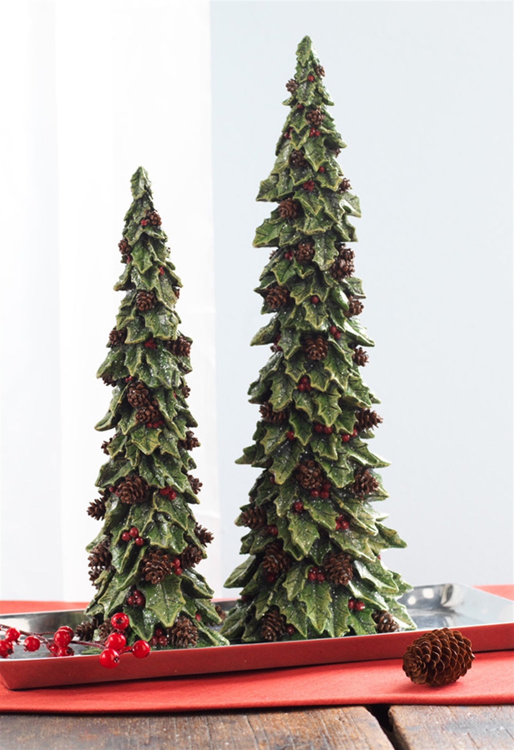 Holly Trees w/Pinecone Detail (Set of 2) 15.5"H, 19.5"H Polystone