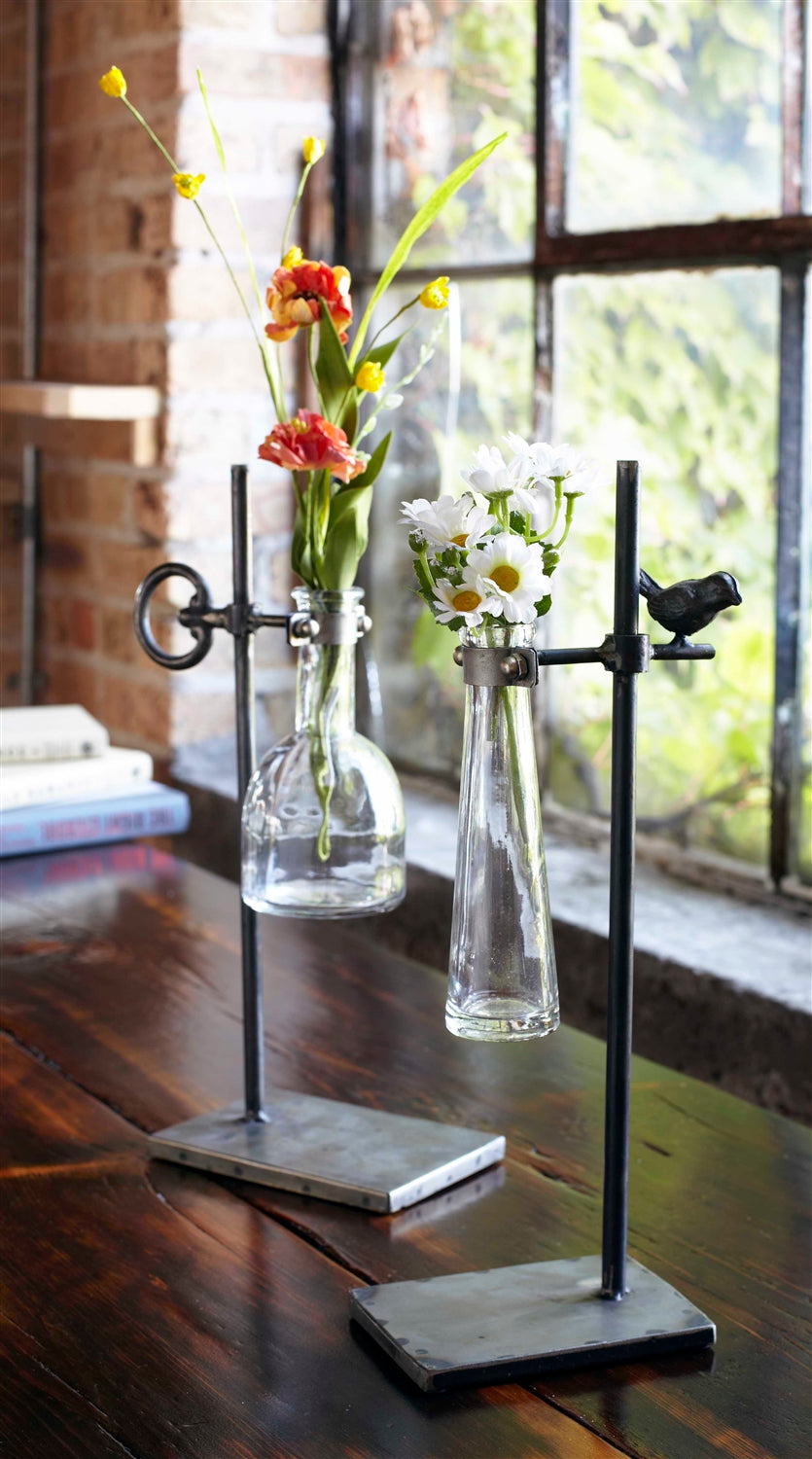 Stem Vase w/Stand (Set of 2) 14"H, 14.5"H Metal/Glass