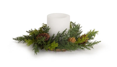 Arborvitae Foliage Candle Ring with Pinecone Accents