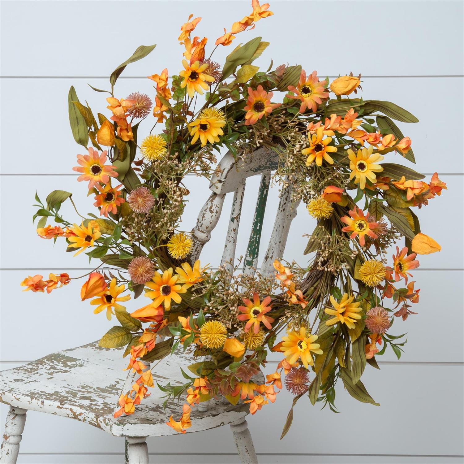 Pods, Daisies, Allium, Fall Foliage Wreath