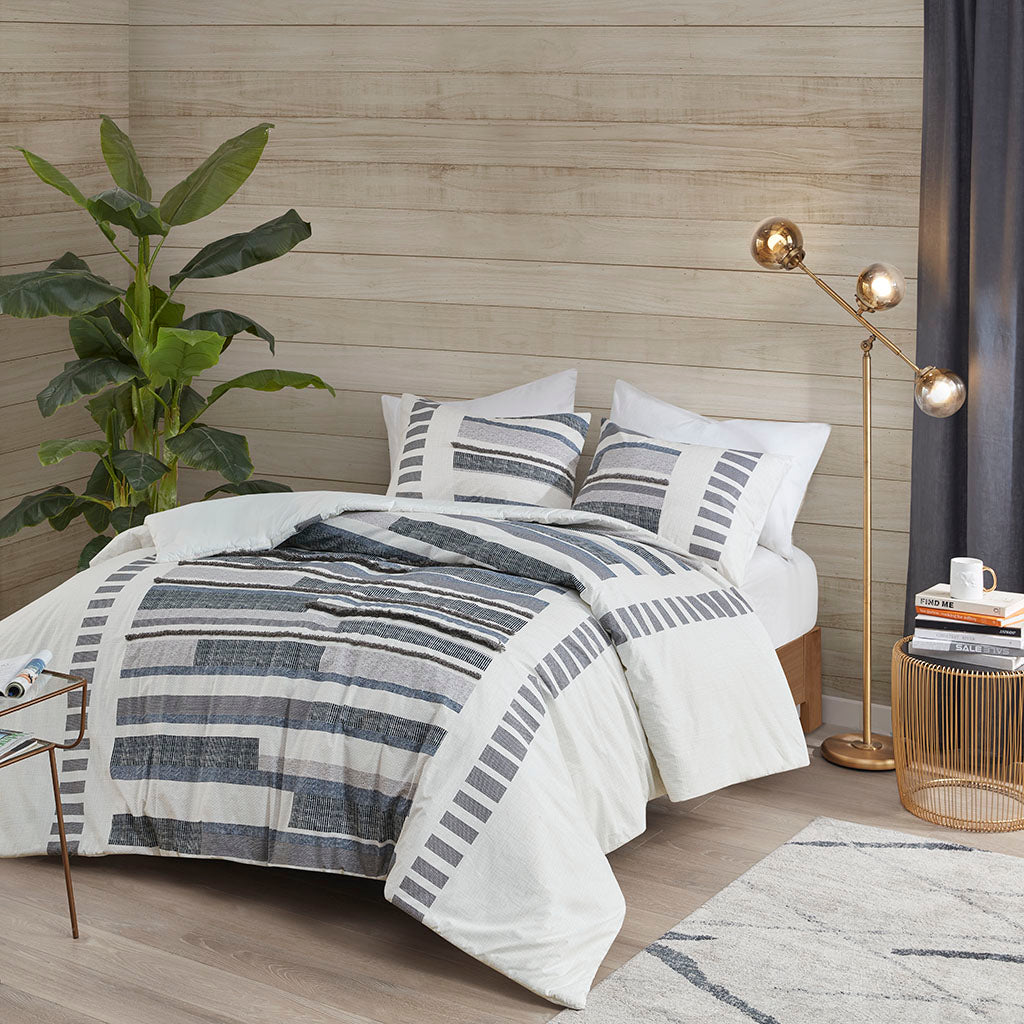 Serena 3 Piece Striped Cotton Duvet Cover Set