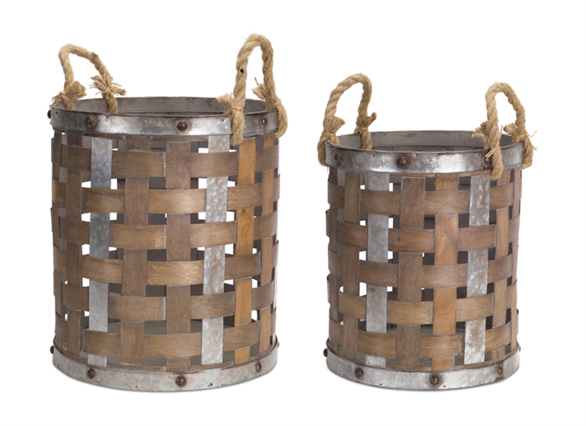 Woven Wood Pail with Rope Handle (Set of 2)