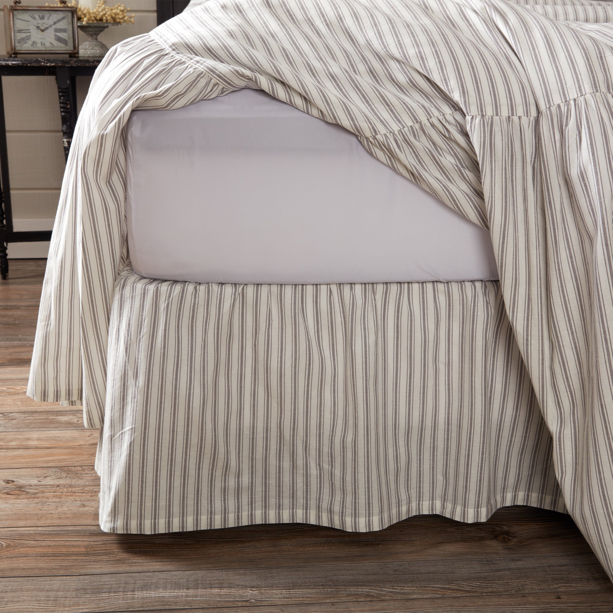 Timeless Ticking Gray Ruffled Twin Bed Skirt 76Lx39Wx16