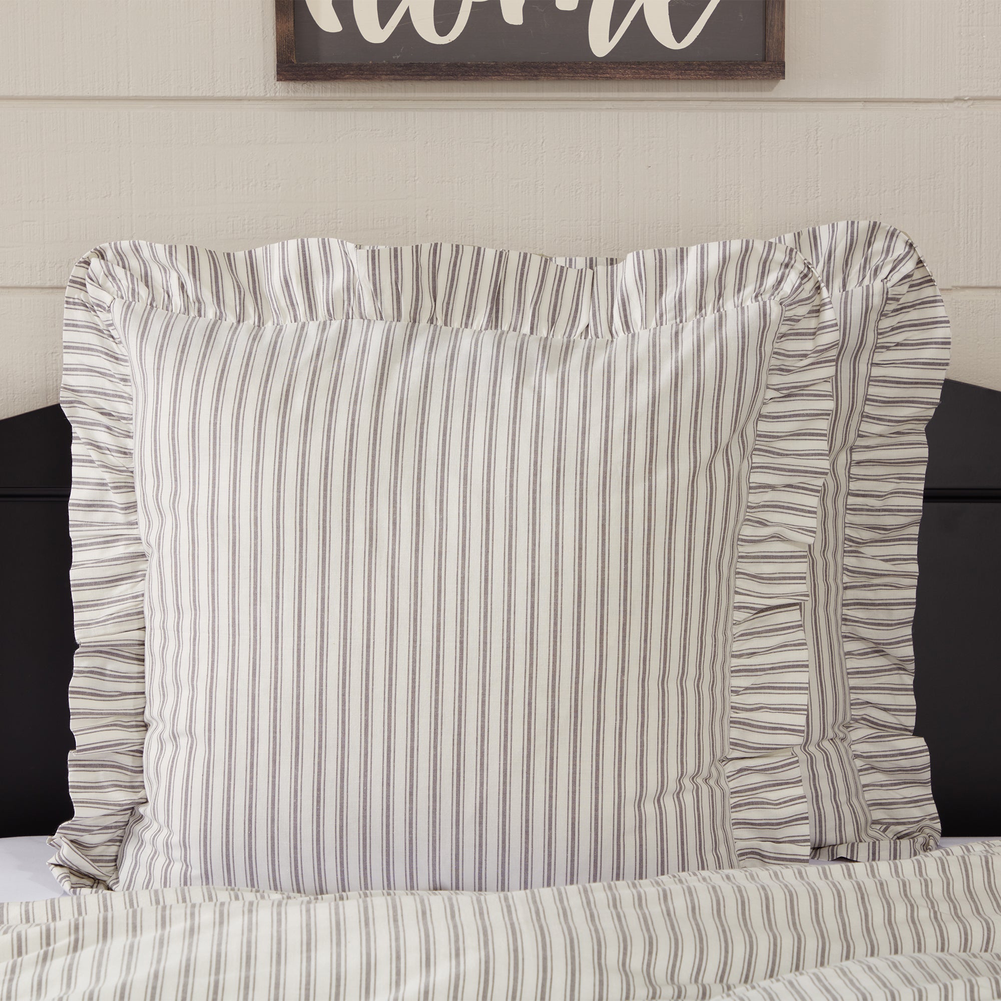Timeless Ticking Gray Ruffled Fabric Euro Sham 26Lx26W