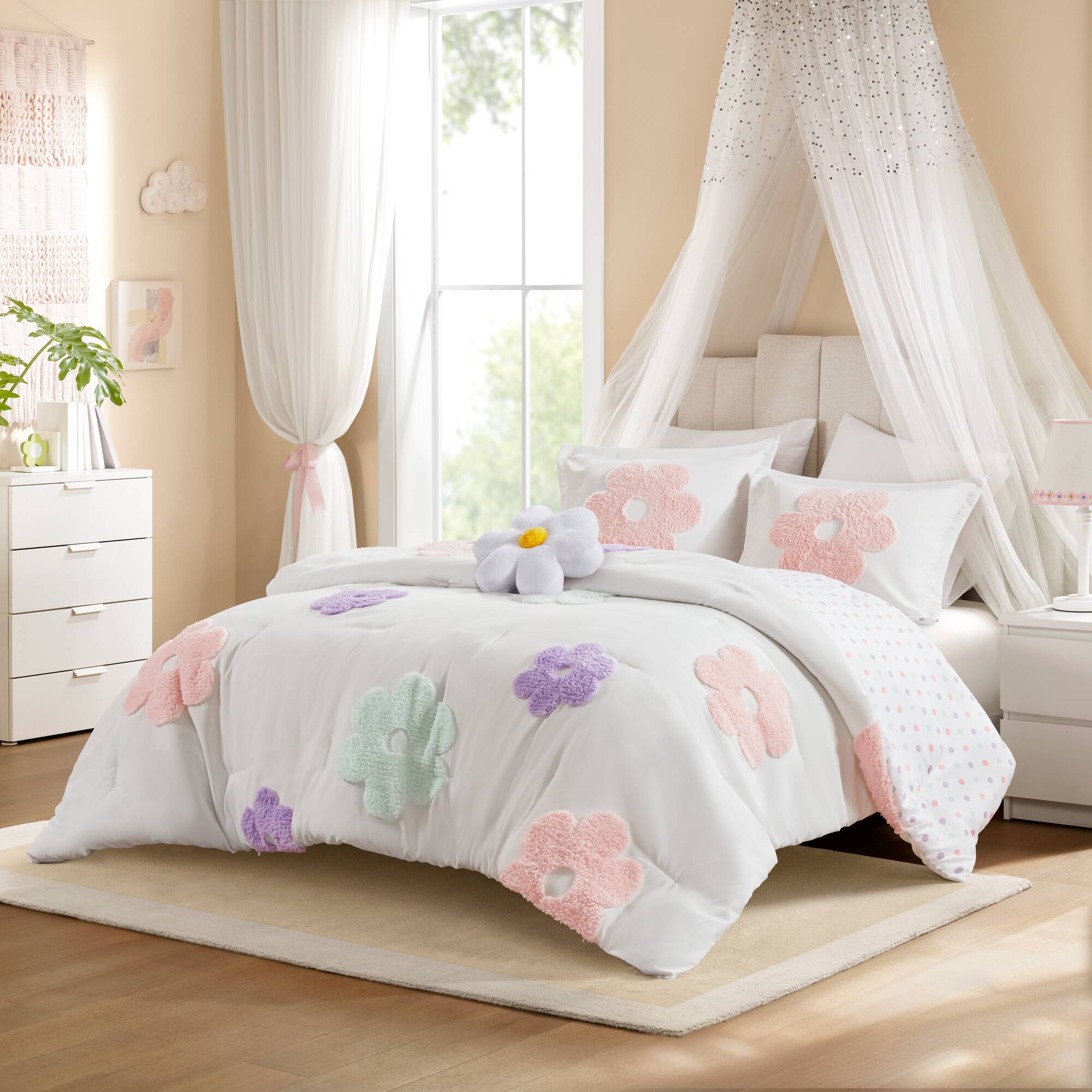 Gracie Floral Reversible Tufted Chenille Comforter Set with Flower Throw Pillow