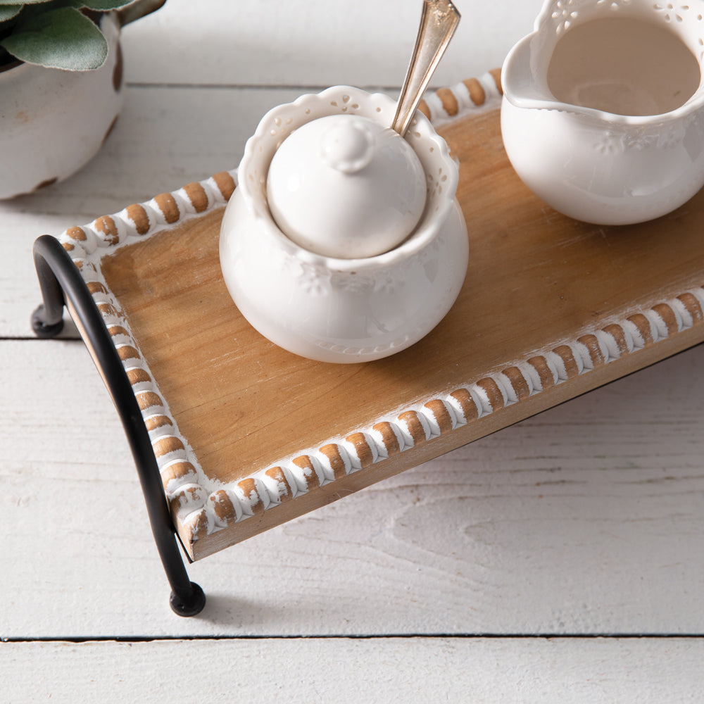 Beaded Wooden Tray w/ Metal Server