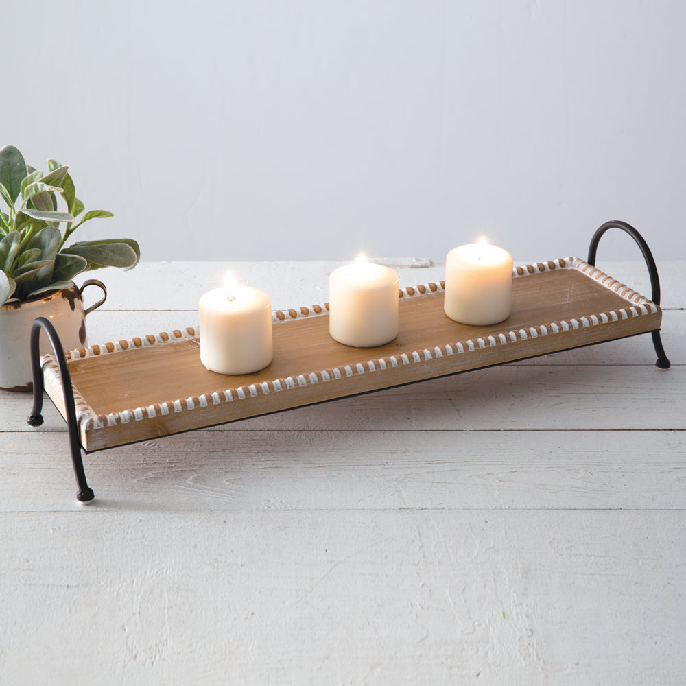 Beaded Wooden Tray w/ Metal Server