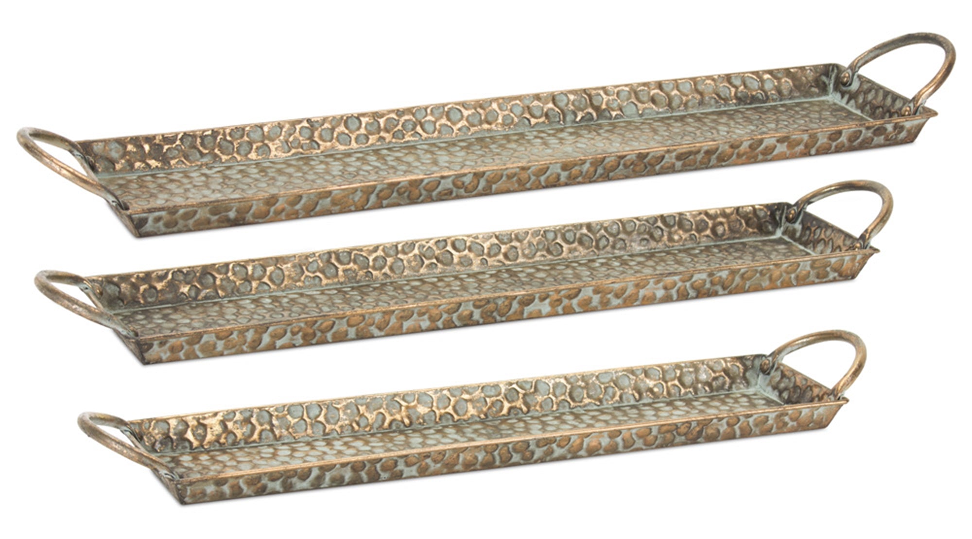 Hammered Metal Tray with Washed Finish and Handles (Set of 3)