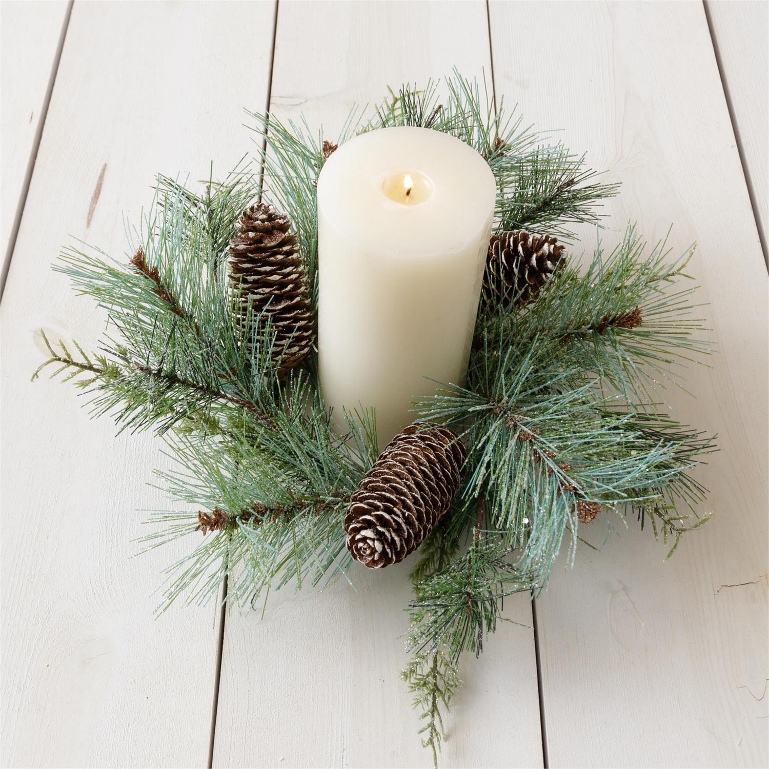 Candle Ring - Frosted Evergreens And Cones
