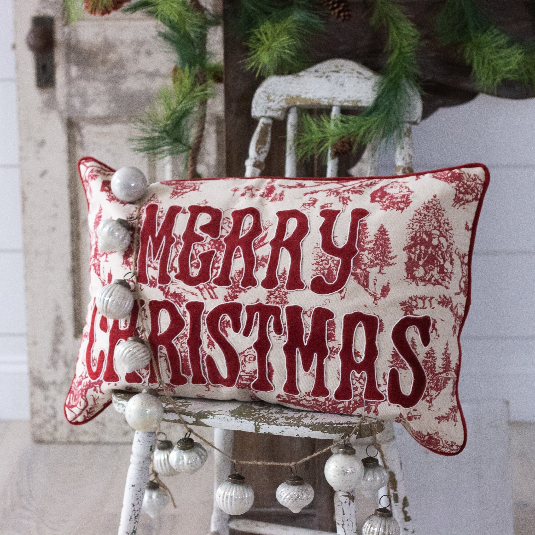 "Merry Christmas" Red Toile Pillow