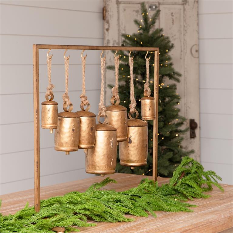 Distressed Gold Bells On Stand