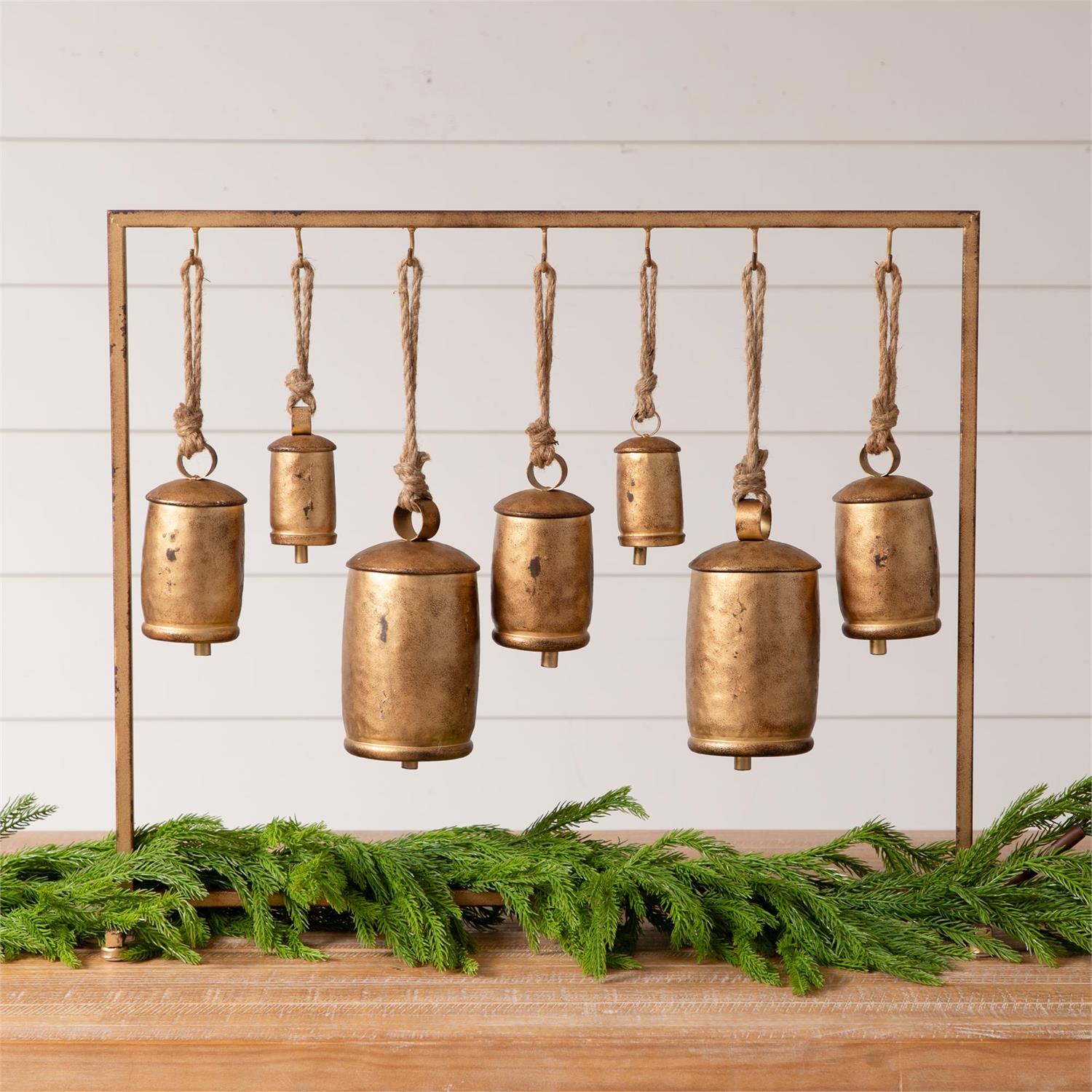 Distressed Gold Bells On Stand (S/8)