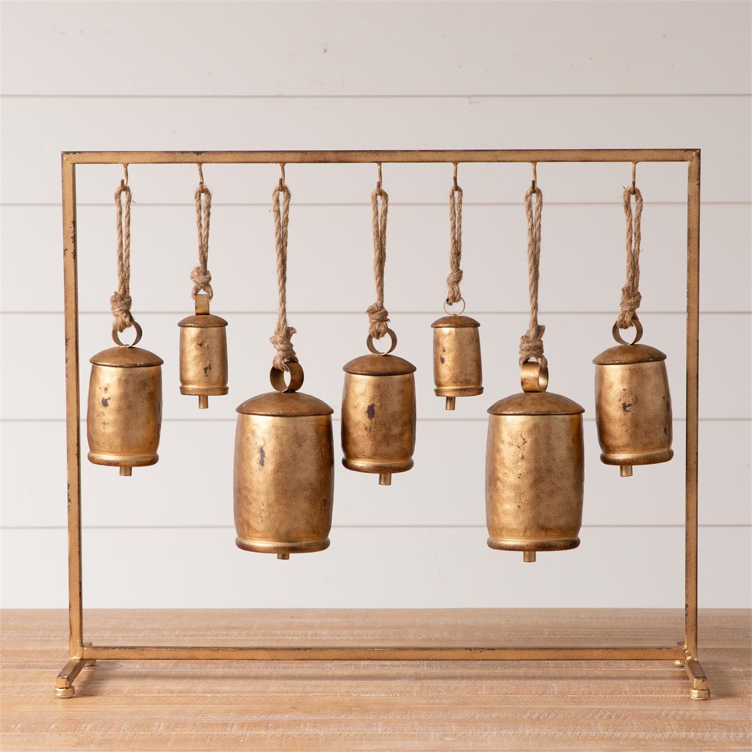 Distressed Gold Bells On Stand (S/8)