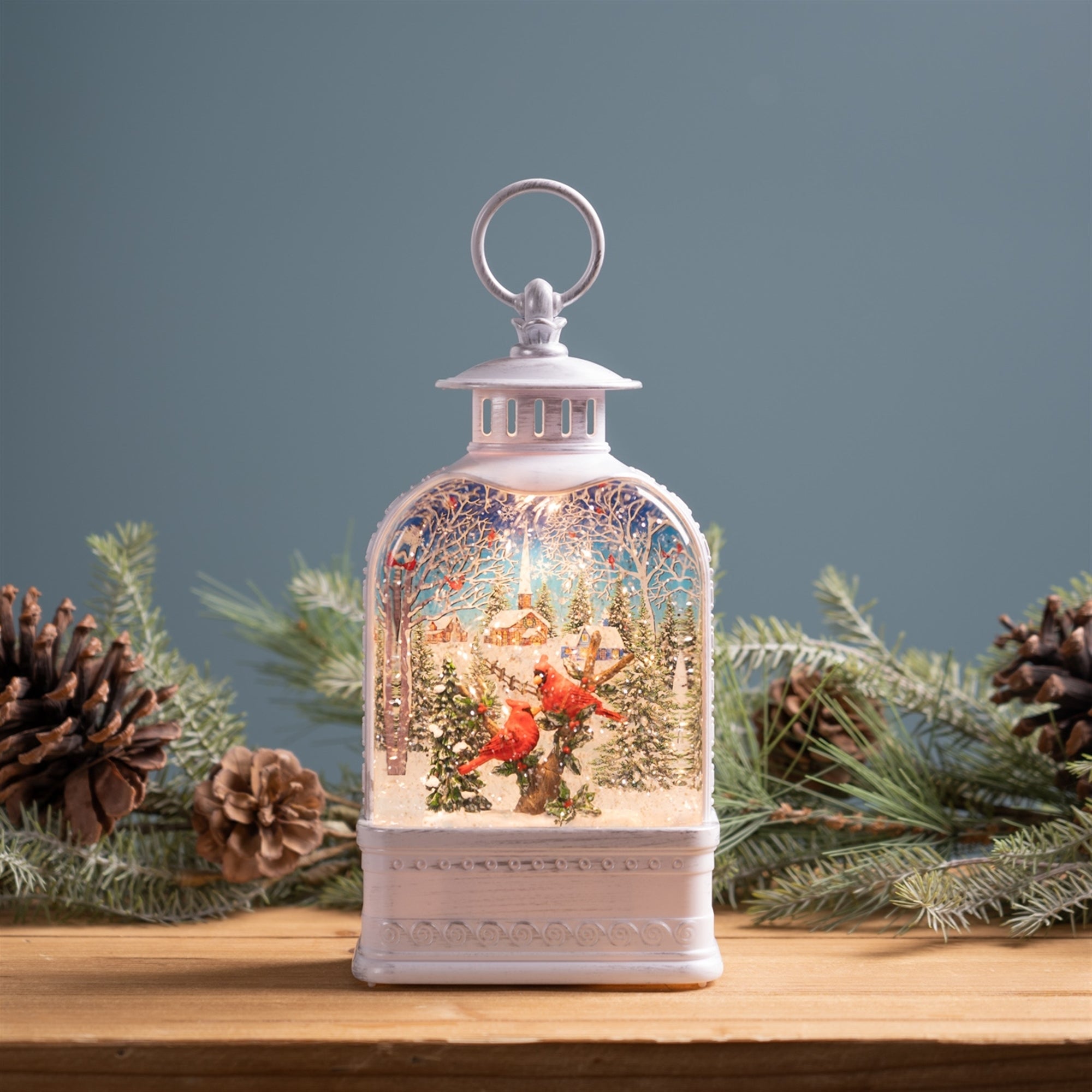 LED Snow Globe Lantern with Cardinal Forest Scene